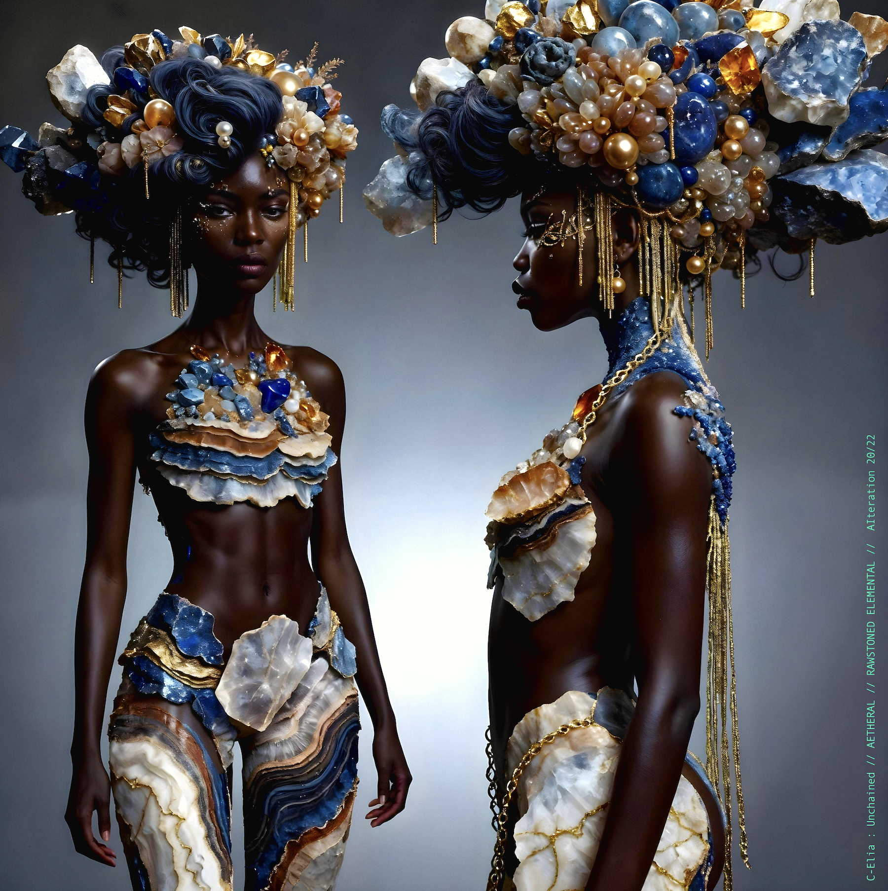 Surreal haute meta couture NFT silhouette from C Elia Unchained, Rawstoned Elemental collection, merging precious-stone hairstyles, raw mineral strata, lapis lazuli fractures and the tectonic elegance of avant garde couture.