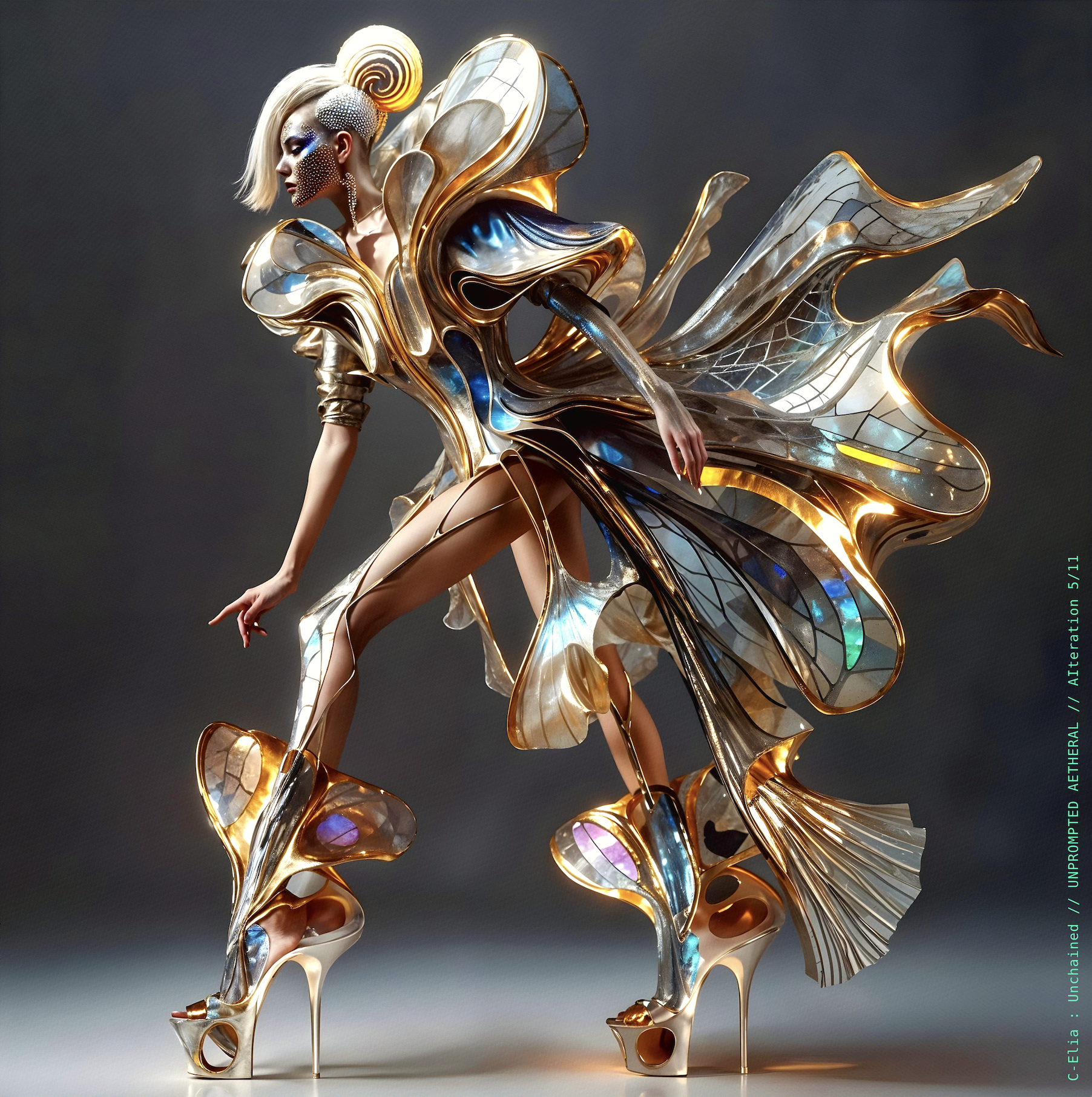 Surreal haute meta couture NFT silhouette from C Elia Unchained, Unprompted Aetheral collection, merging crystalline arcs, holographic ribbons, neon-lit futuristic structures and iridescent sacred geometry inspired by M I A’s Vicki Leekx mixtape.