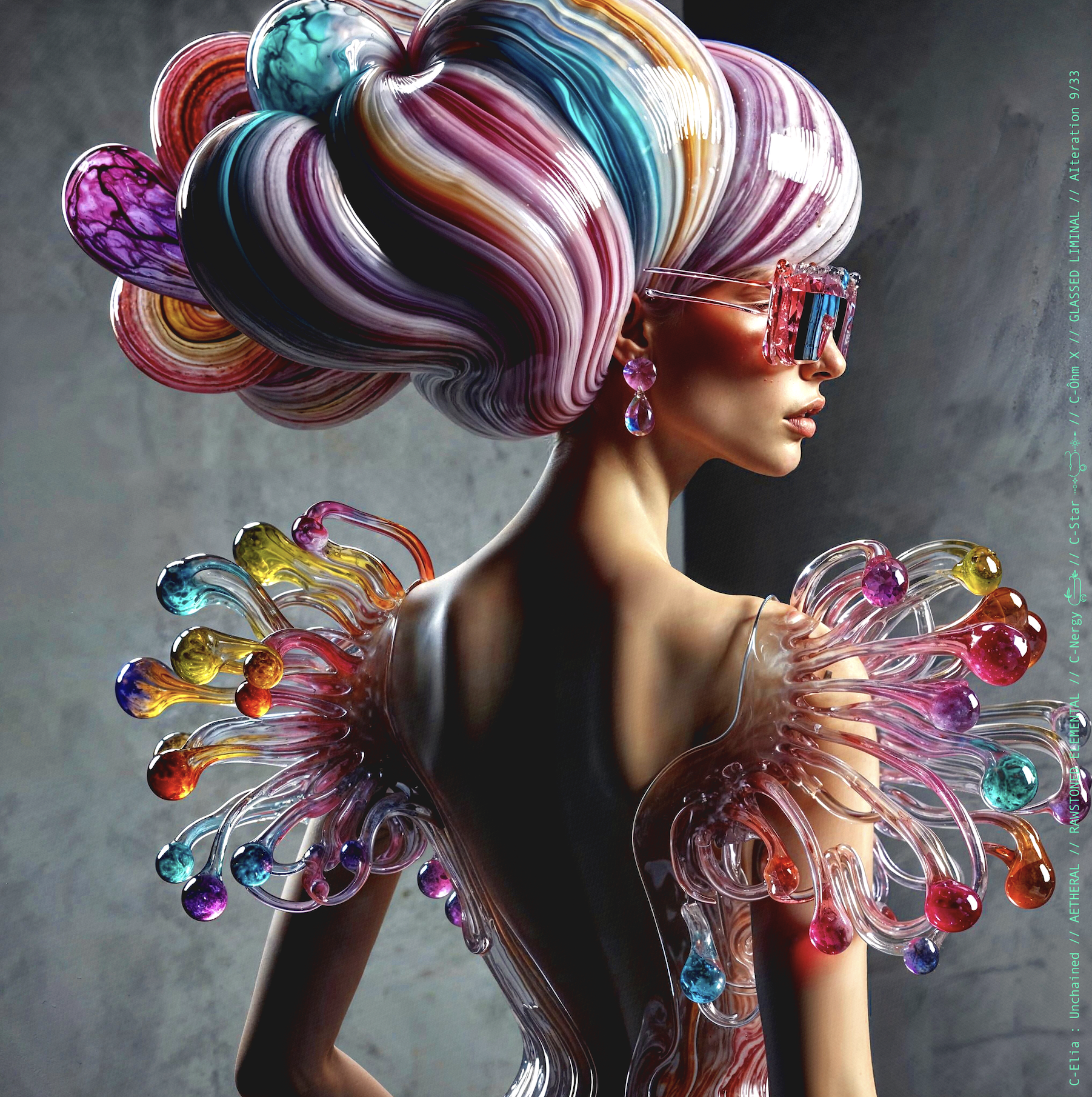 Surreal haute meta couture NFT silhouette from C-Elia: Unchained, Glassed Liminal collection, inspired by blown glass and molten light, merging fragility, transparency and grandeur into an avant garde architectural couture sculpture.