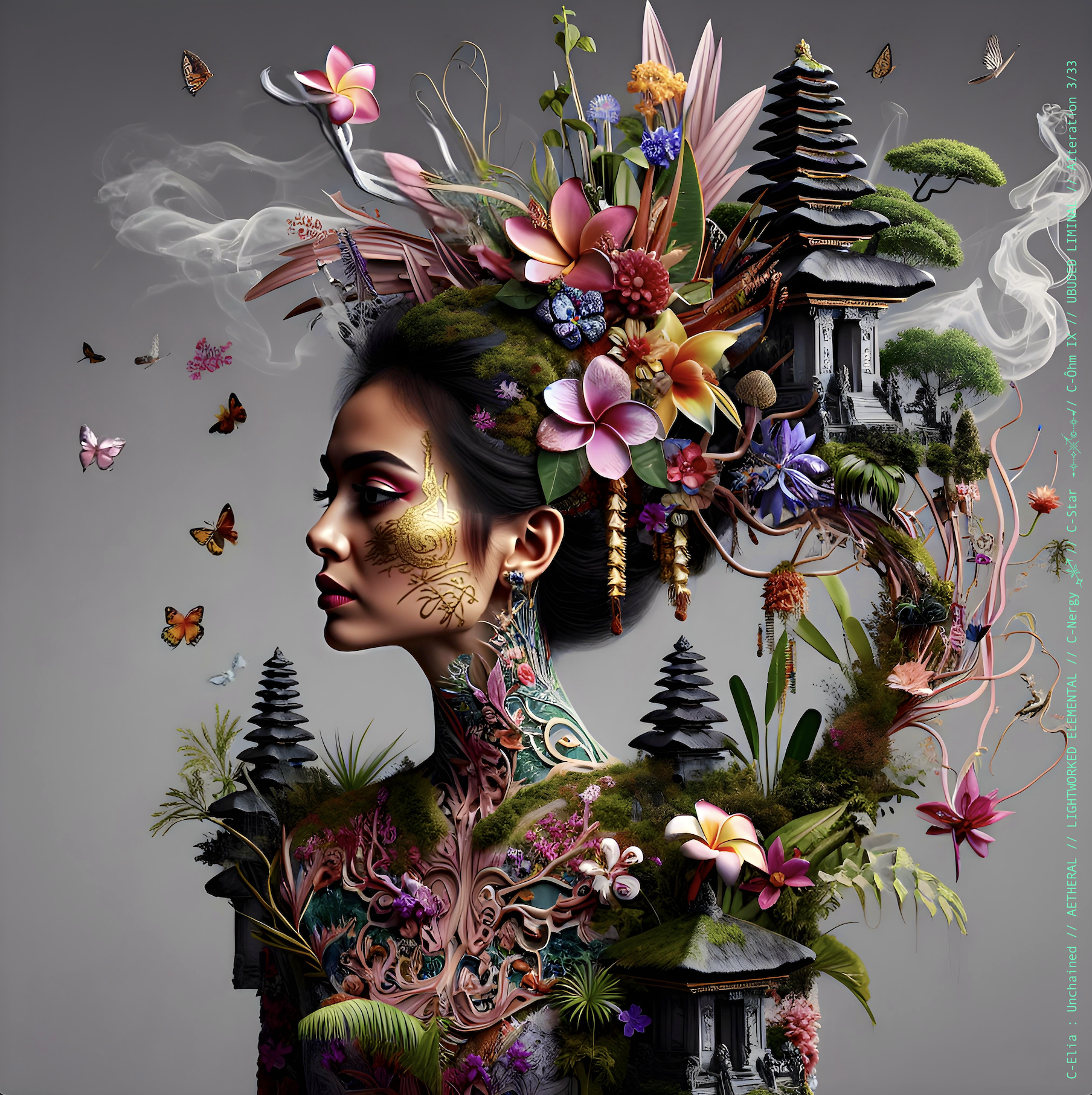 Surreal haute meta couture NFT silhouette from C Elia Unchained, Ubuded Liminal collection, merging tropical Balinese garden architecture, volcanic stone, drifting petals, incense smoke and sacred botanical couture inspired by Asian Dub Foundation’s “Witness.”