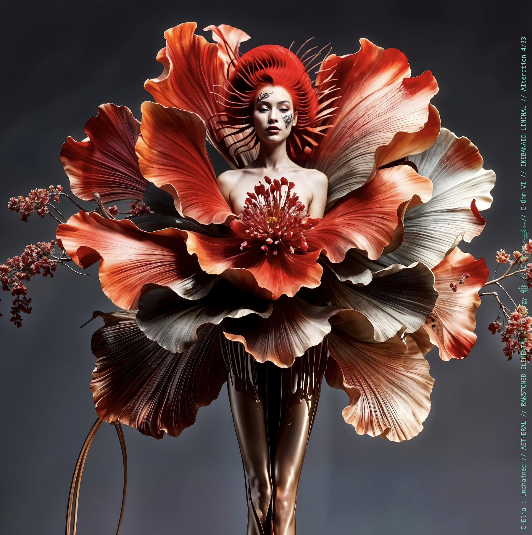 Surreal haute meta couture NFT silhouette from C-Elia: Unchained, Ikebanaed Liminal collection, inspired by floral architecture and Japanese composition, merging nature, geometry and serenity into a living couture sculpture.