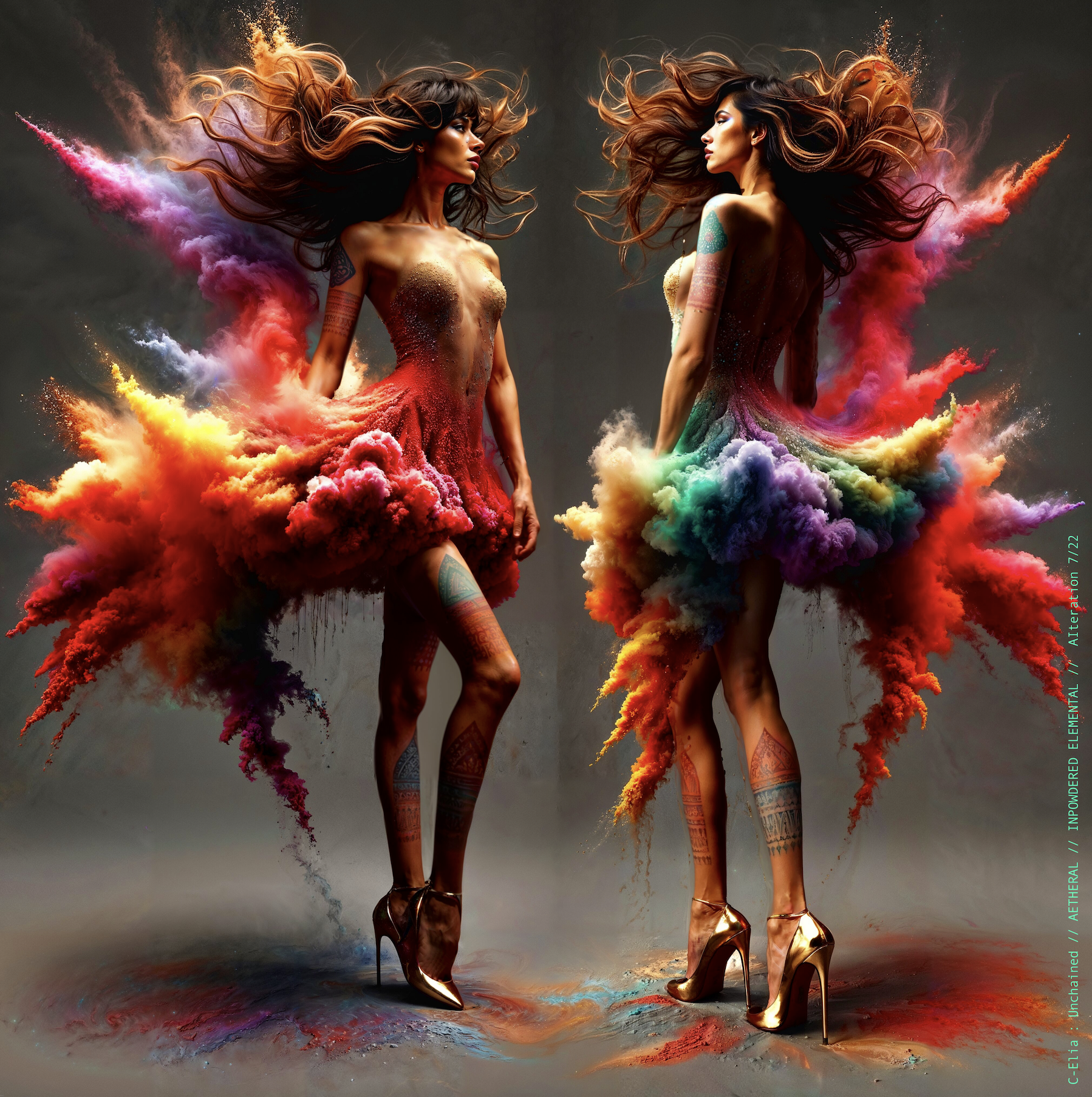 Surreal haute meta couture NFT silhouette from C Elia Unchained, Impowdered Elemental collection, formed from airborne rainbow powders, vaporous chromatic clouds and wind-sculpted avant garde couture.