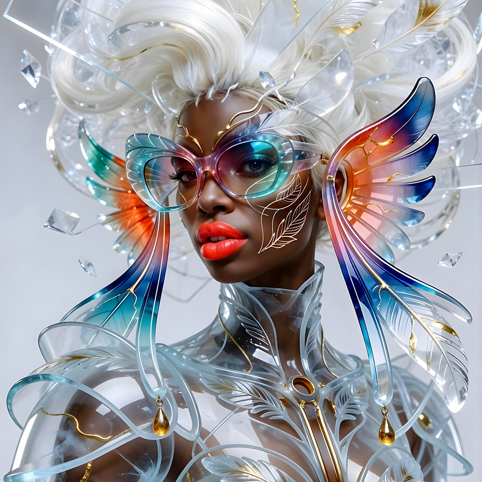 Surreal haute meta couture NFT silhouette from C-Elia: Unchained, Surreal female top model wearing an avant-garde haute couture glass sculpture with oversized colorful optical glasses, translucent white structure with gold veins, Iris Framed collection.
