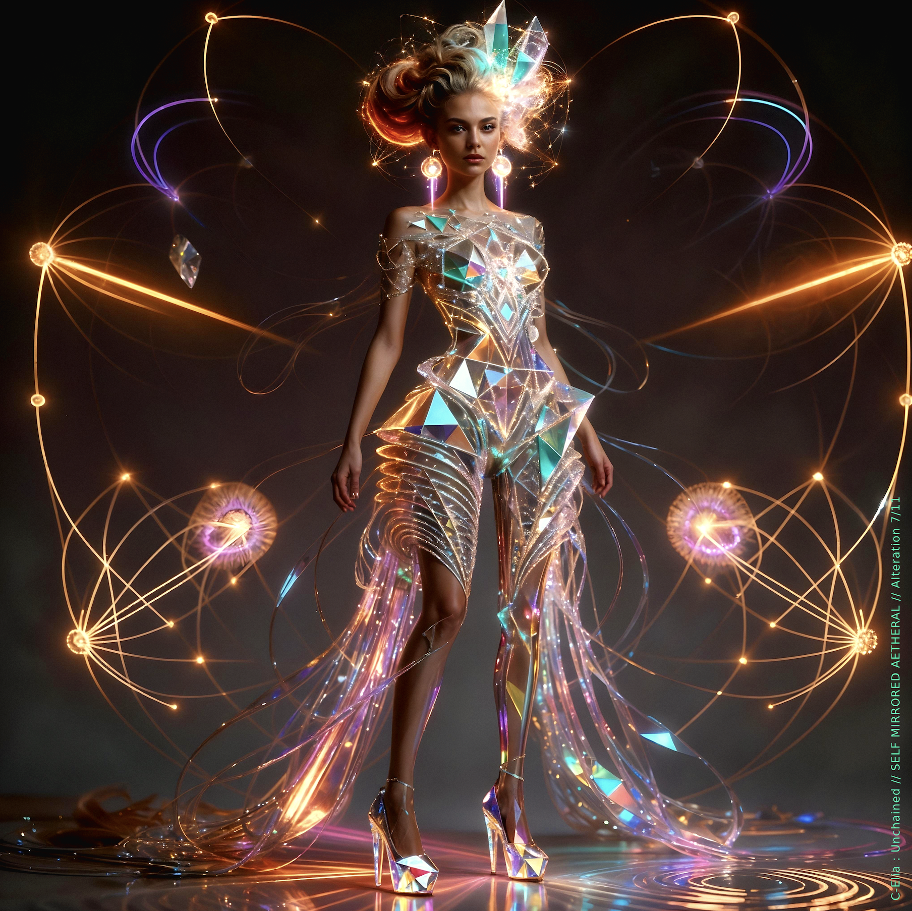 Surreal haute meta couture NFT silhouette from C Elia Unchained, Self Mirrored Aetheral collection, merging sacred geometry, plasma light, spectral prisms and refracted fire into a multidimensional couture structure inspired by M I A’s Bells Collection mixtape.