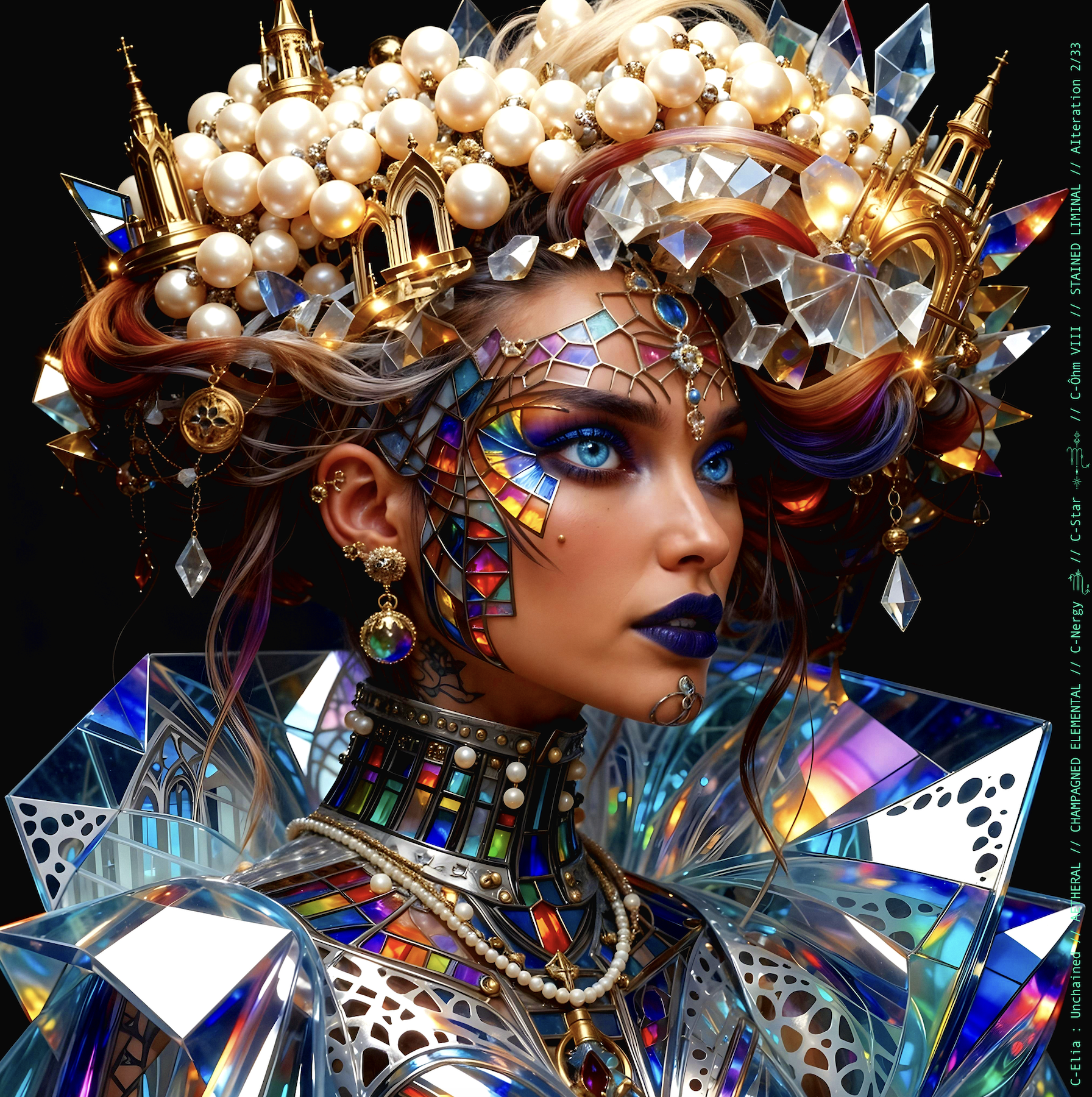 Surreal haute meta couture NFT silhouette from C-Elia: Unchained, Stained Liminal collection, inspired by cathedral stained glass and Mondrian geometry, merging sacred light, metallic reflections, and futuristic architecture into a living holographic couture sculpture.