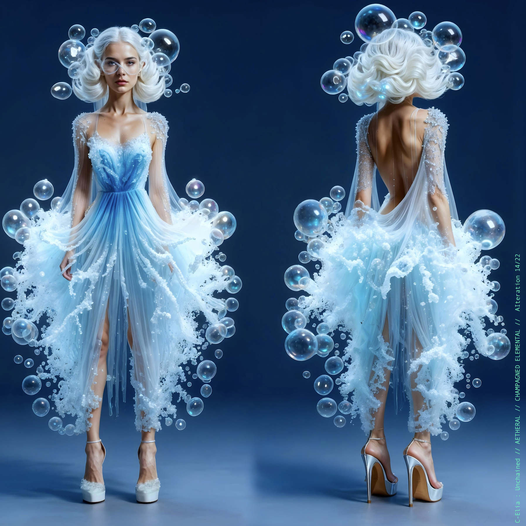 Surreal haute meta couture NFT silhouette from C Elia Unchained, Champagned Elemental collection, formed from transparent champagne bubbles, liquid cascades and retro futuristic white wave hair sculpted into effervescent couture.