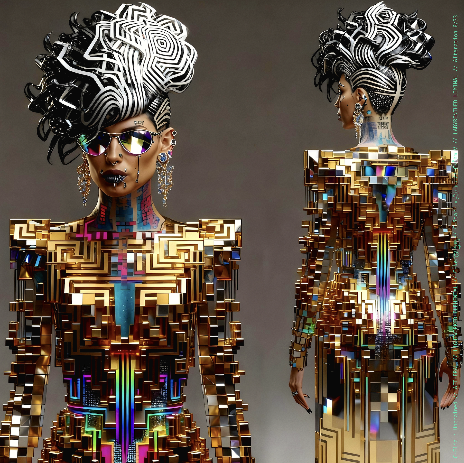 Surreal haute meta couture NFT silhouette from C Elia Unchained, Labyrinthed Liminal collection, inspired by mirrored labyrinth geometry and the chromatic echo of Blue Boy’s “Remember Me,” merging pixel tattoos, gold voxel structures and reflective couture architecture.