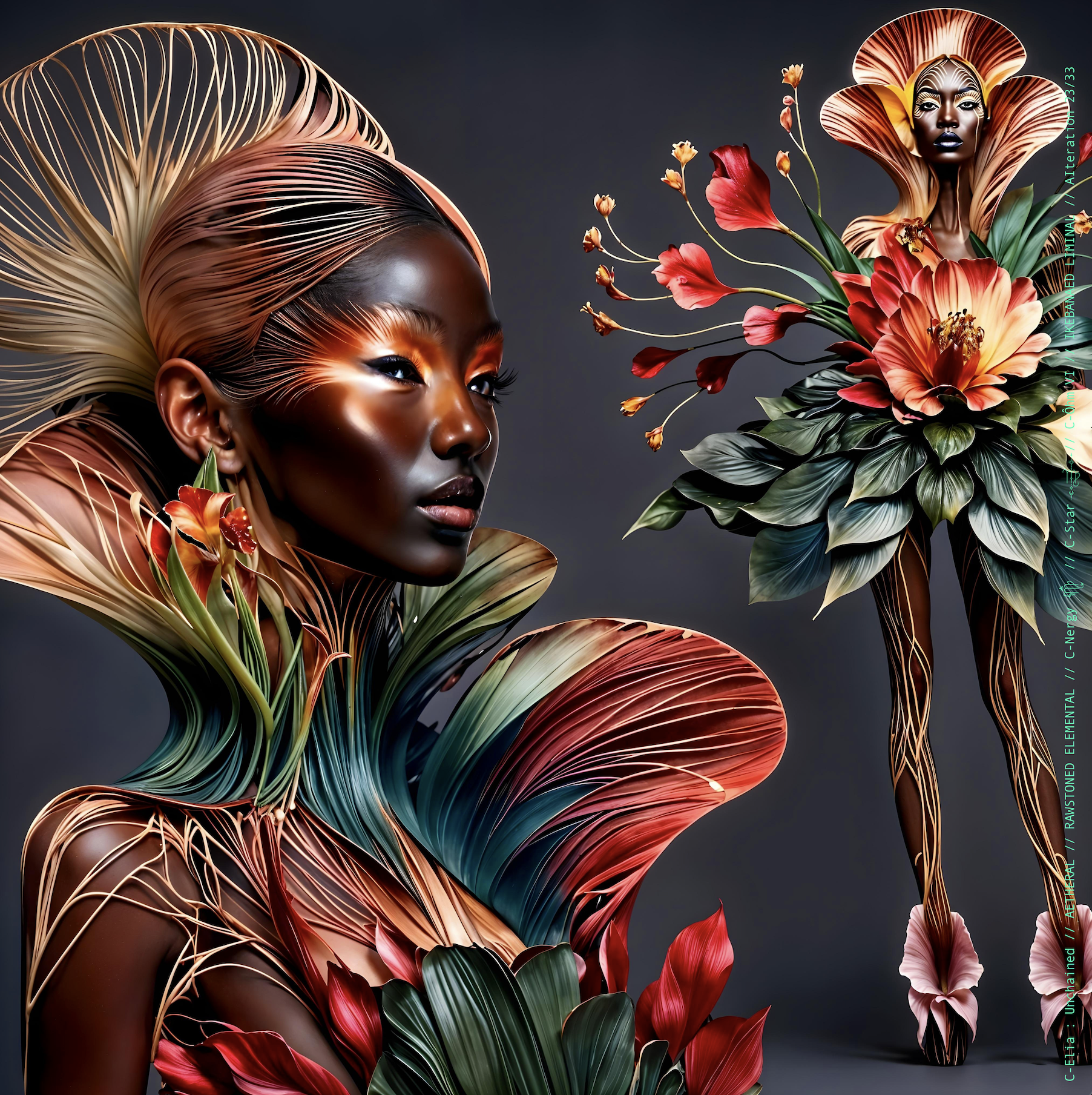 Surreal haute meta couture NFT silhouette from C-Elia: Unchained, Ikebanaed Liminal collection, inspired by floral architecture and Japanese composition, merging nature, geometry and serenity into a living couture sculpture.