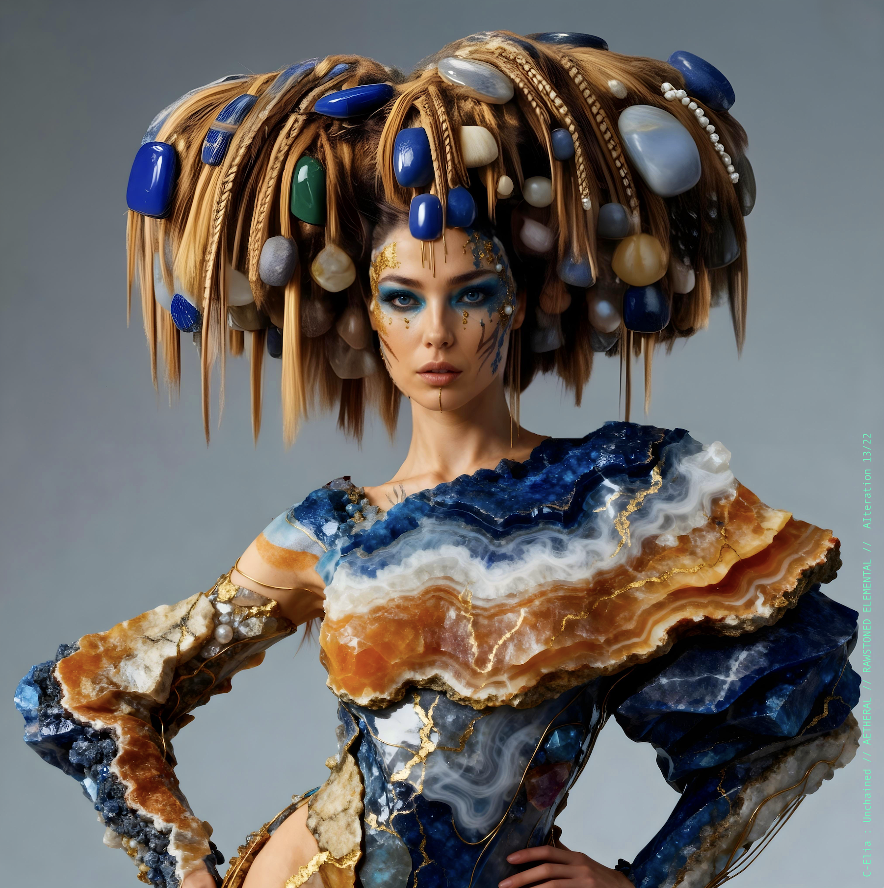 Surreal haute meta couture NFT silhouette from C Elia Unchained, Rawstoned Elemental collection, merging precious-stone hairstyles, raw mineral strata, lapis lazuli fractures and the tectonic elegance of avant garde couture.