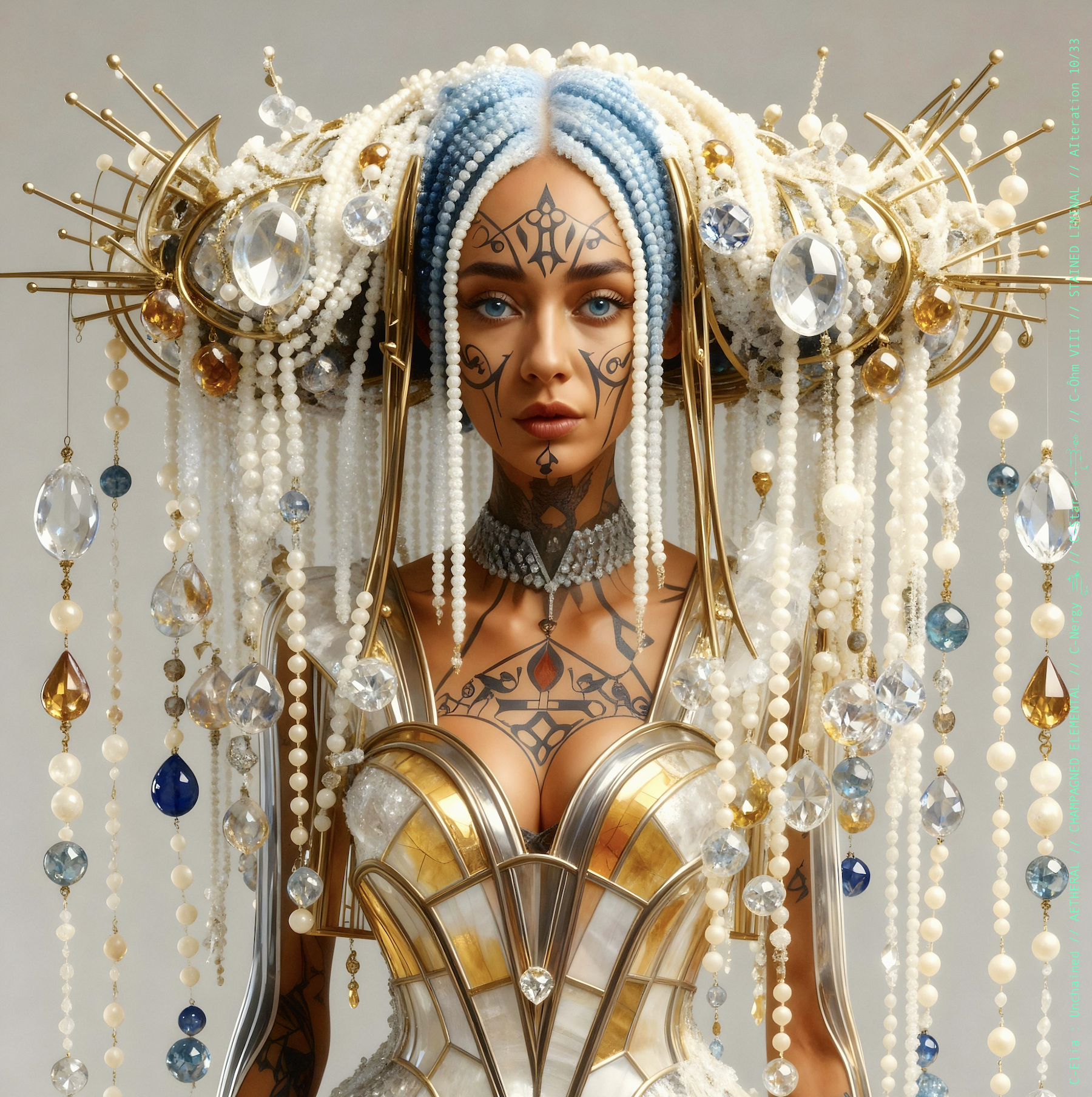 Surreal haute meta couture NFT silhouette from C-Elia: Unchained, Stained Liminal collection, inspired by cathedral stained glass and Mondrian geometry, merging sacred light, metallic reflections, and futuristic architecture into a living holographic couture sculpture.