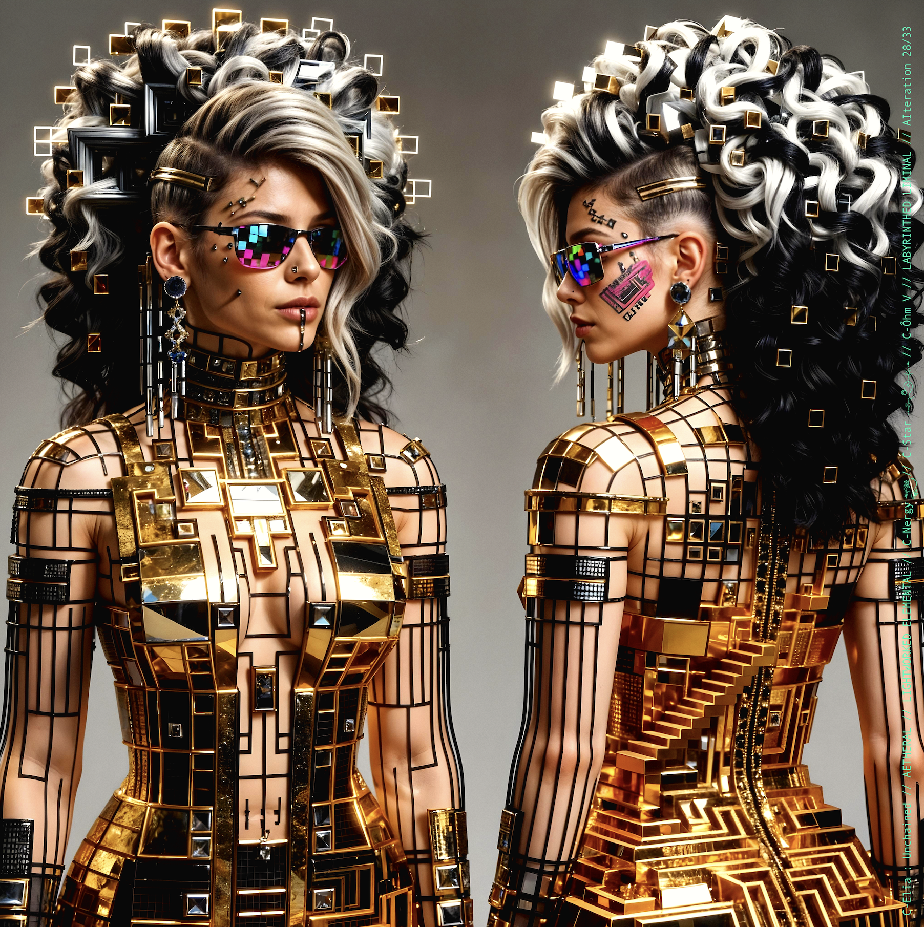Surreal haute meta couture NFT silhouette from C Elia Unchained, Labyrinthed Liminal collection, inspired by mirrored labyrinth geometry and the chromatic echo of Blue Boy’s “Remember Me,” merging pixel tattoos, gold voxel structures and reflective couture architecture.