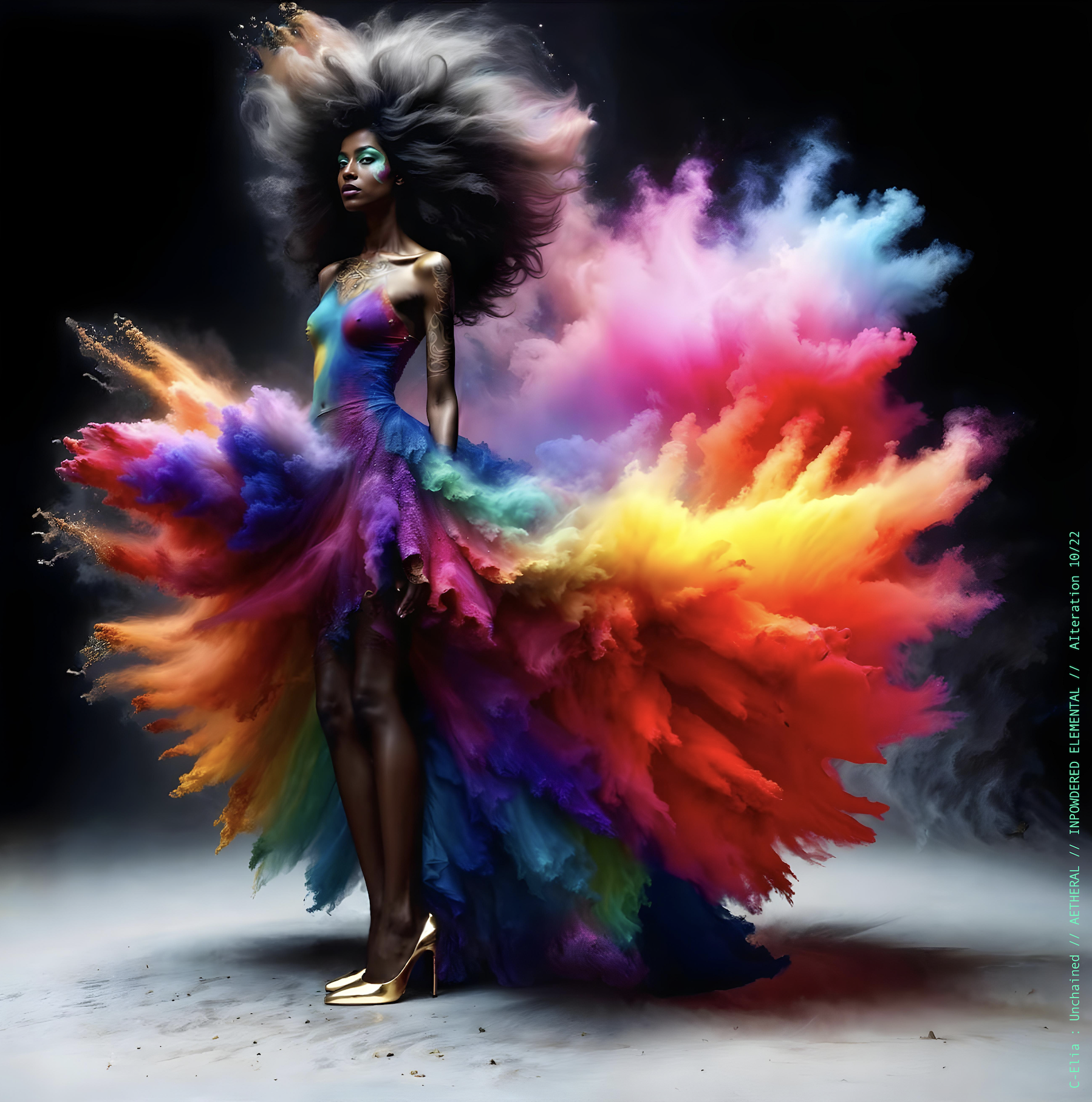 Surreal haute meta couture NFT silhouette from C Elia Unchained, Impowdered Elemental collection, formed from airborne rainbow powders, vaporous chromatic clouds and wind-sculpted avant garde couture.
