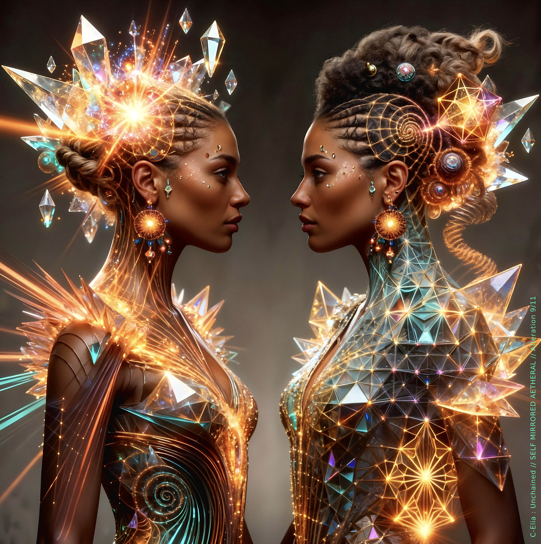 Surreal haute meta couture NFT silhouette from C Elia Unchained, Self Mirrored Aetheral collection, merging sacred geometry, plasma light, spectral prisms and refracted fire into a multidimensional couture structure inspired by M I A’s Bells Collection mixtape.