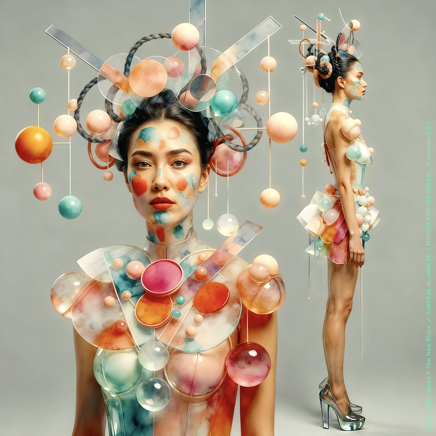 Surreal haute meta couture NFT silhouette from C-Elia: Unchained, Thenewblacked Allianced Liminal, created in collaboration with tThe New Black, merging resin, glass, acrylic and light into a living prism of translucent geometry.