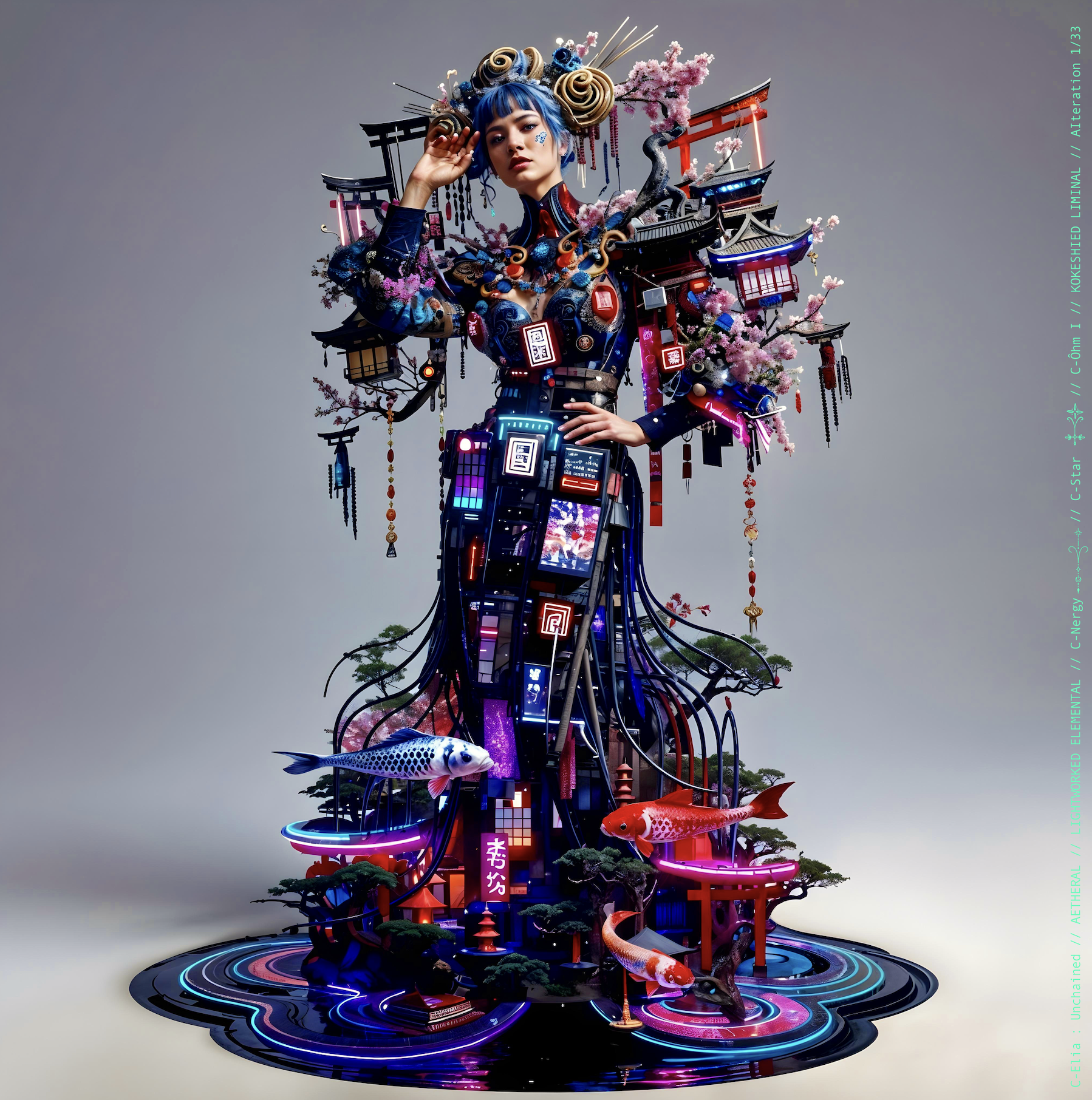 Surreal haute meta couture NFT silhouette from C-Elia: Unchained, Kokeshied Liminal, a fusion of Kyoto serenity and Shibuya light embodied in a living digital shrine.