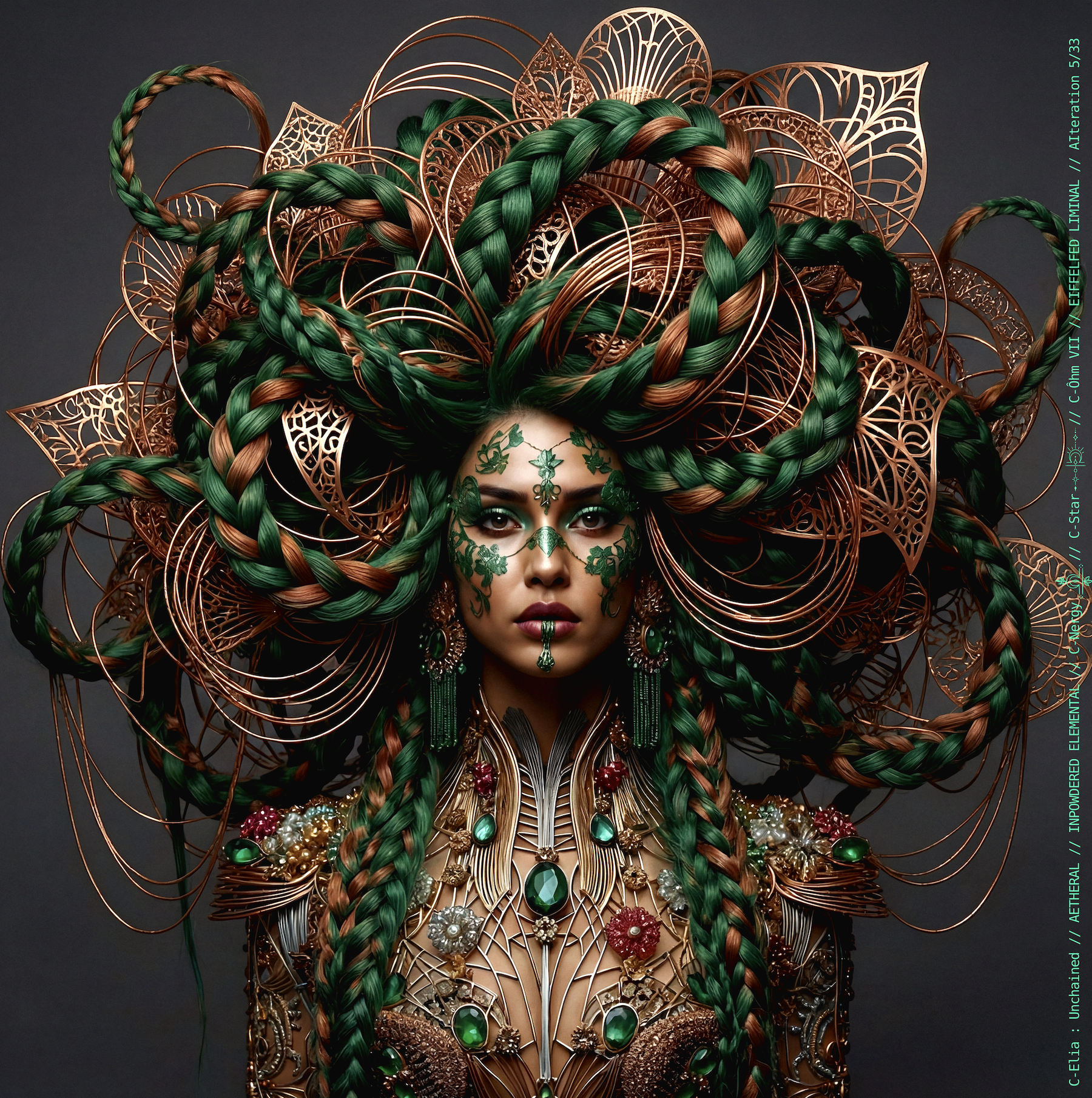 Surreal haute meta couture NFT silhouette from C Elia Unchained, Eiffelfed Liminal collection, merging openwork copper metal, emerald braids, metallic glyph makeup and Parisian architectural couture infused with the atmospheric pulse of Massive Attack and Mad Professor’s “Three.”