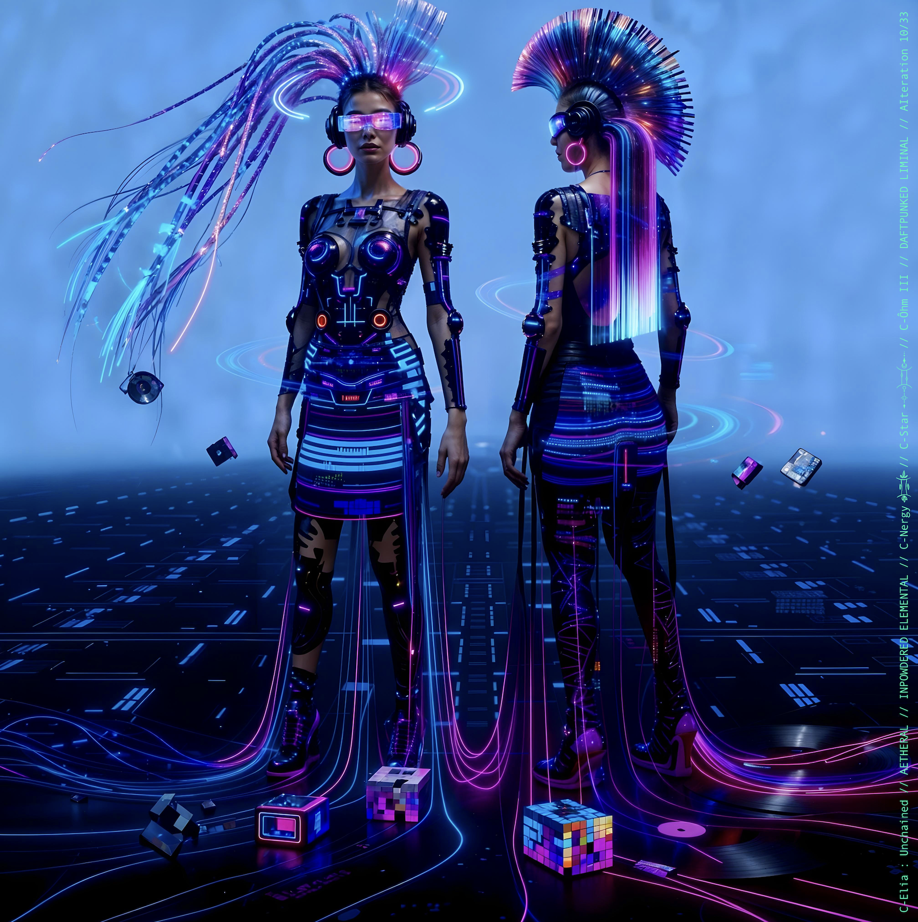 Surreal haute meta couture NFT silhouette from C Elia Unchained, Daftpunked Liminal collection, inspired by electronic neon aesthetics and the luminous frequencies of Daft Punk Alive 2008, merging holographic vinyl, glitch light and couture architecture.

