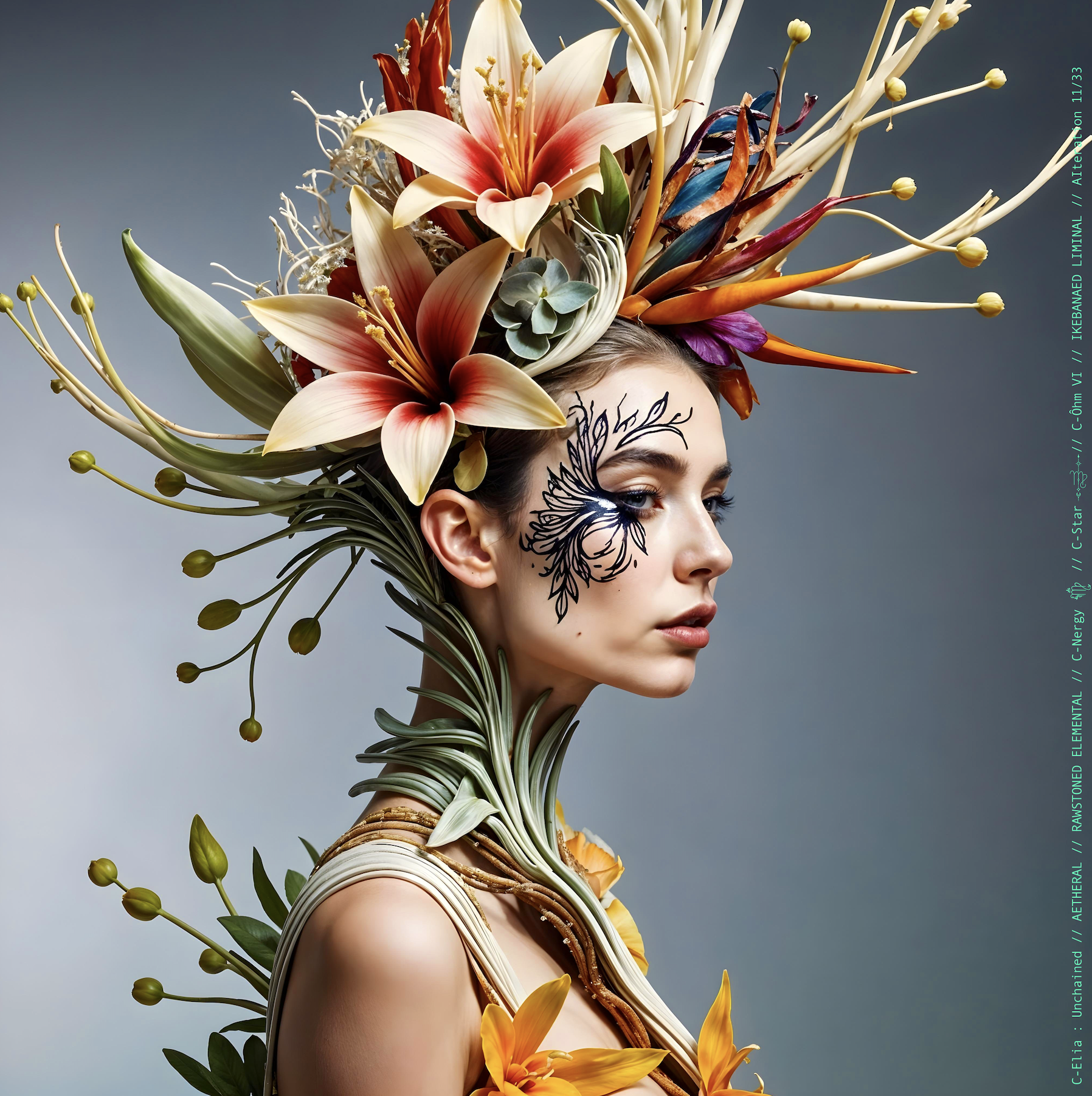 Surreal haute meta couture NFT silhouette from C-Elia: Unchained, Ikebanaed Liminal collection, inspired by floral architecture and Japanese composition, merging nature, geometry and serenity into a living couture sculpture.