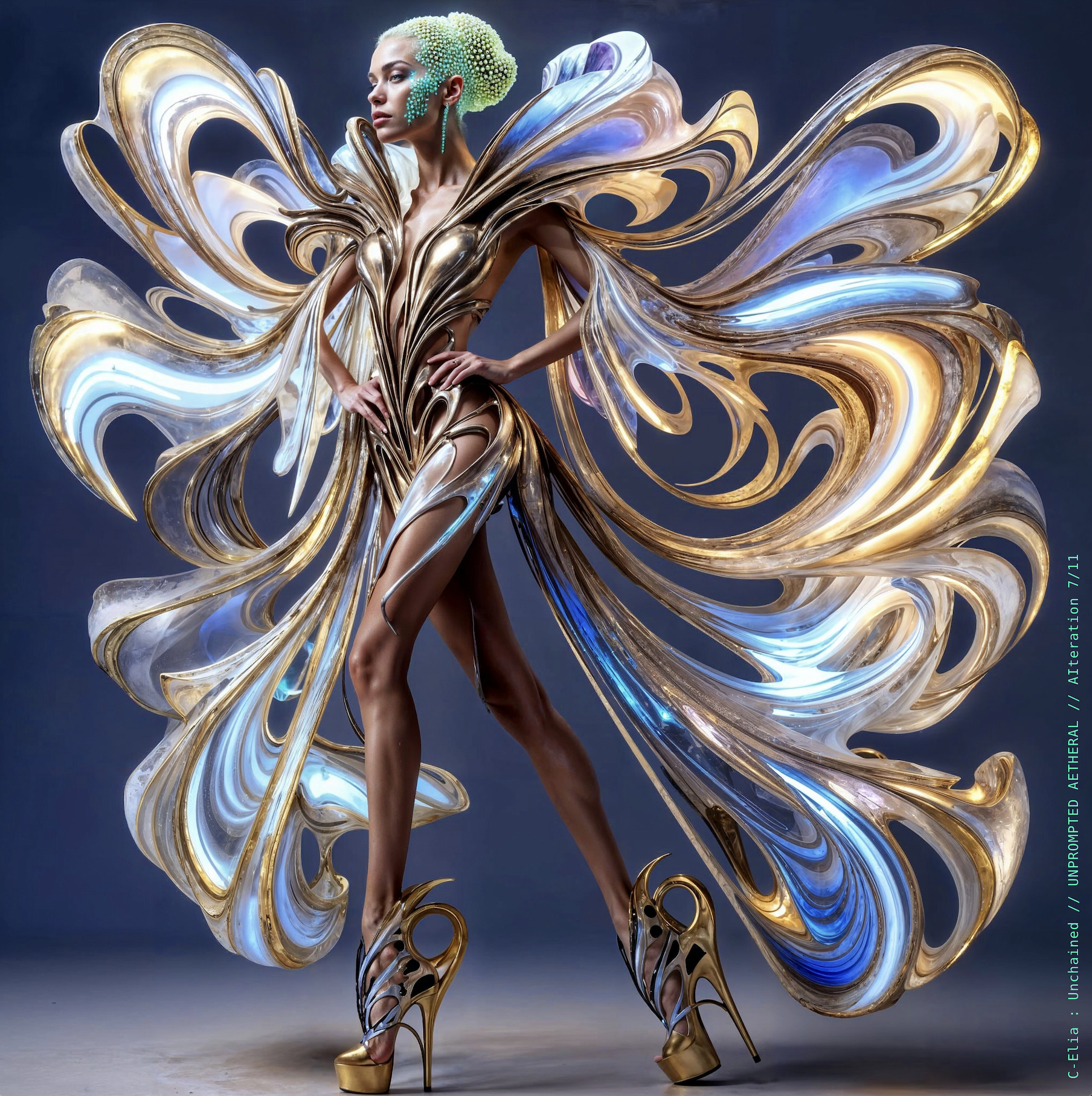 Surreal haute meta couture NFT silhouette from C Elia Unchained, Unprompted Aetheral collection, merging crystalline arcs, holographic ribbons, neon-lit futuristic structures and iridescent sacred geometry inspired by M I A’s Vicki Leekx mixtape.