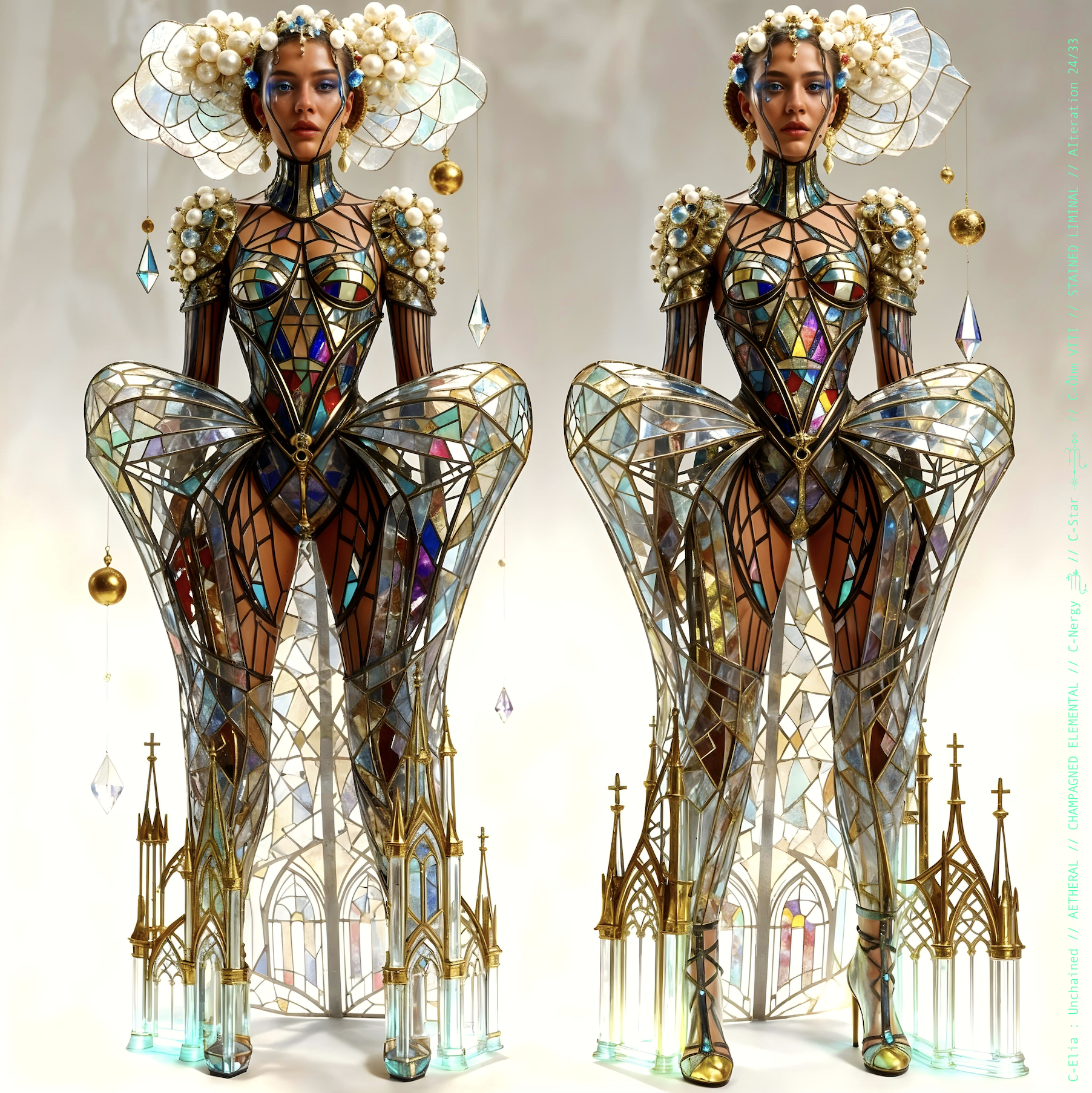 Surreal haute meta couture NFT silhouette from C-Elia: Unchained, Stained Liminal collection, inspired by cathedral stained glass and Mondrian geometry, merging sacred light, metallic reflections, and futuristic architecture into a living holographic couture sculpture.