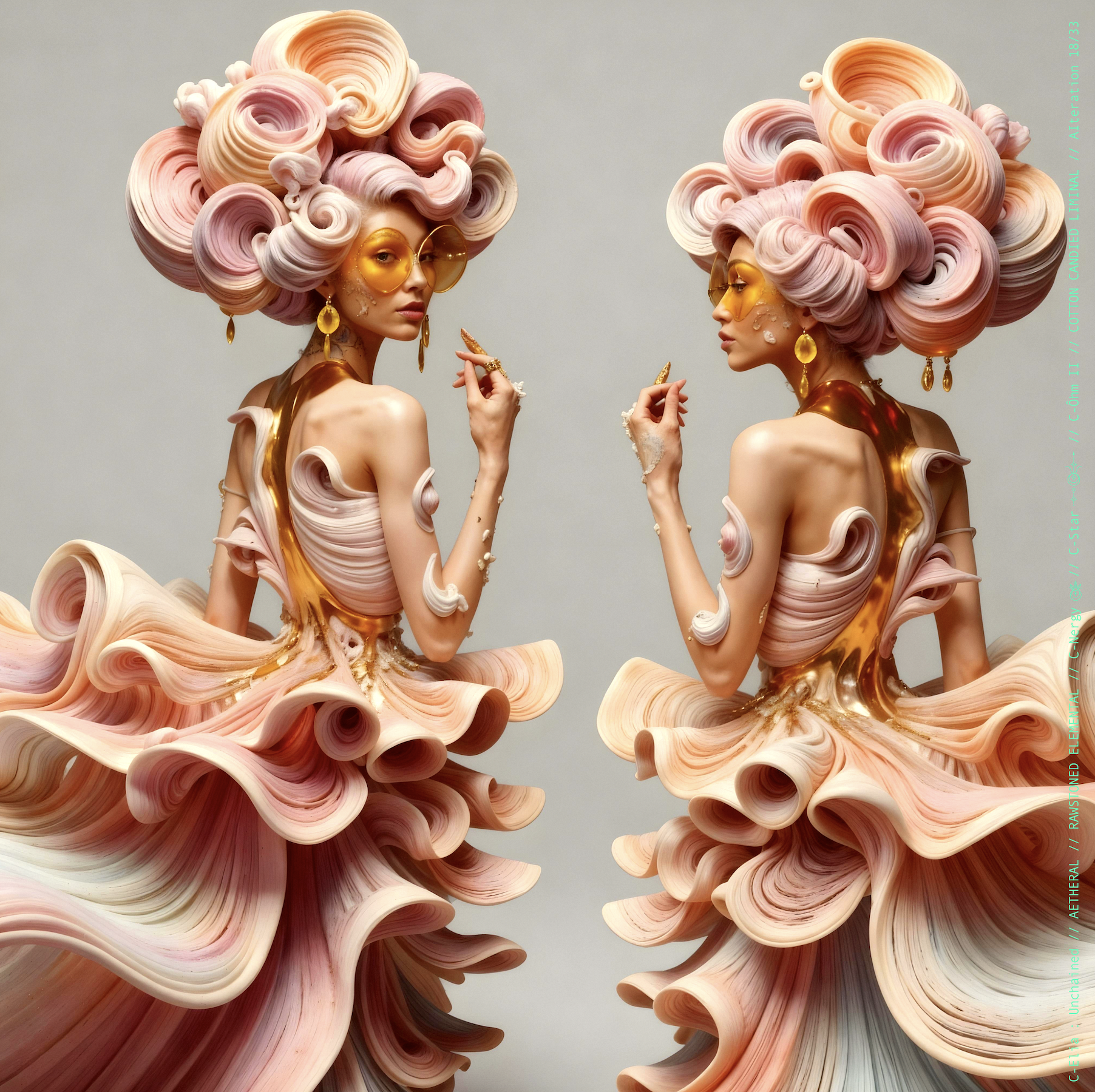 Surreal haute meta couture NFT silhouette from C Elia: Unchained, Cotton Candied Liminal collection, inspired by pastel cotton candy clouds and Khmer gold tattoos, merging sweetness, rebellion and couture into a living vaporous sculpture.