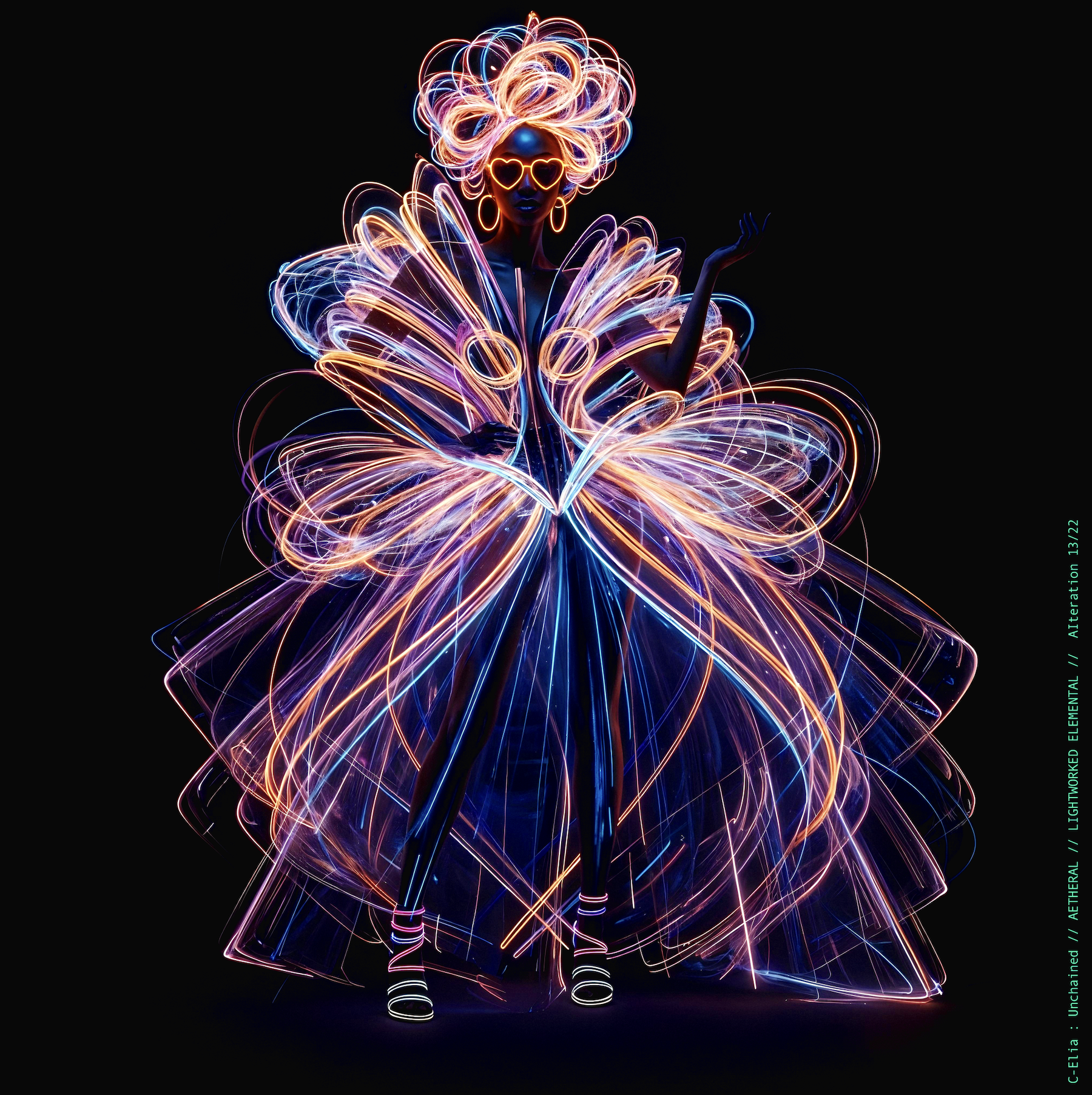 Surreal haute meta couture NFT silhouette from C-Elia: Unchained, Lightworked Elemental collection, a luminous architectural form sketched entirely in neon-painted lines and glowing contours, blending avant-garde light geometry with ethereal couture energy.