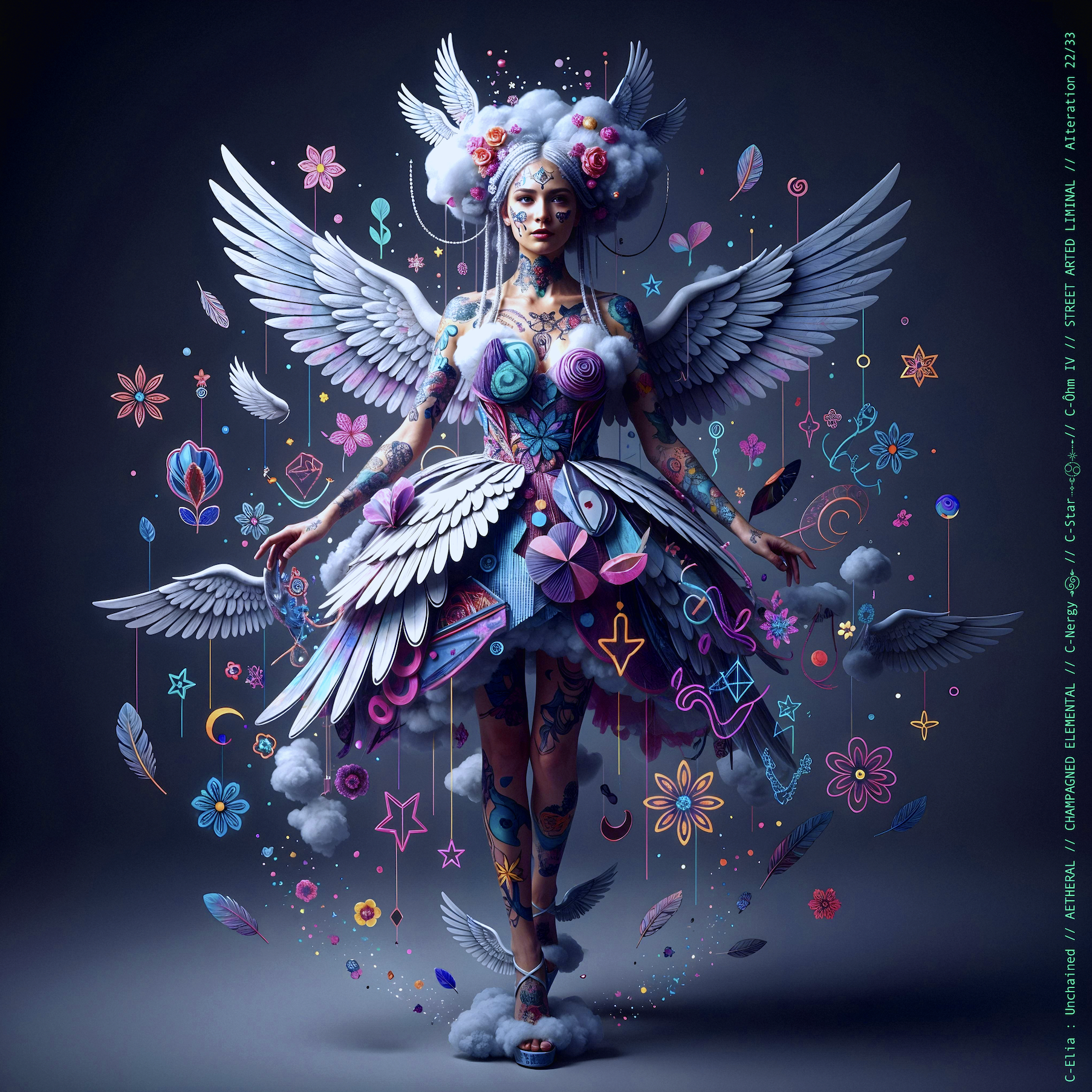 Surreal haute meta couture NFT silhouette from C Elia Unchained, Streetarted Liminal collection, merging liquid graffiti textures, neon mist, chromatic drips and atmospheric street-paint couture.