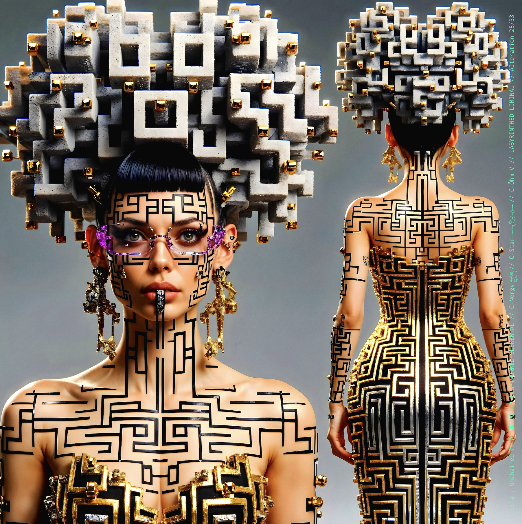 Surreal haute meta couture NFT silhouette from C Elia Unchained, Labyrinthed Liminal collection, inspired by mirrored labyrinth geometry and the chromatic echo of Blue Boy’s “Remember Me,” merging pixel tattoos, gold voxel structures and reflective couture architecture.