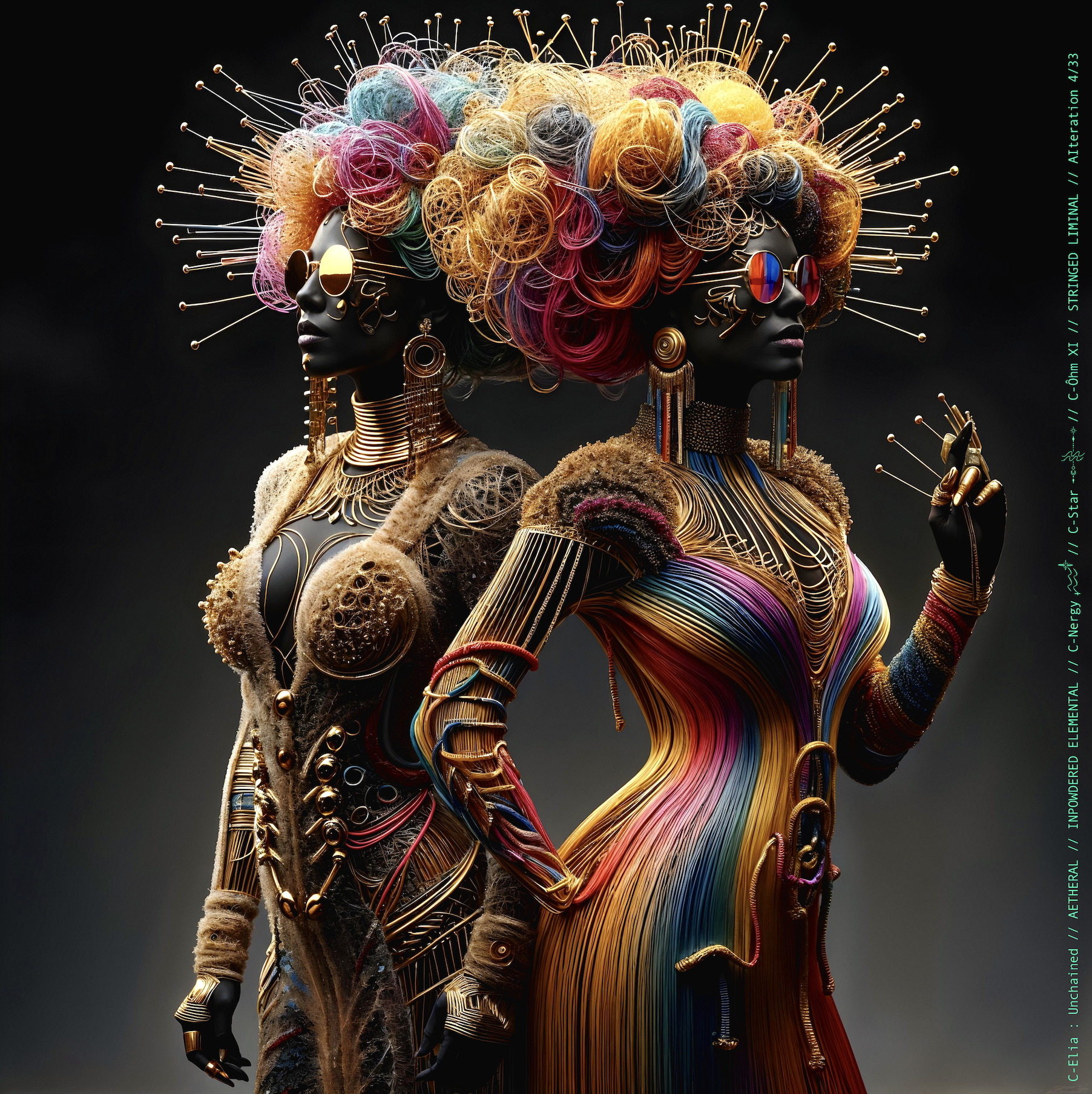 Surreal haute meta  couture NFT silhouette from C-Elia: Unchained, Stringed Liminal collection. A living sculpture made entirely of golden and colored strings, merging art, vibration and geometry into a resonant couture form.