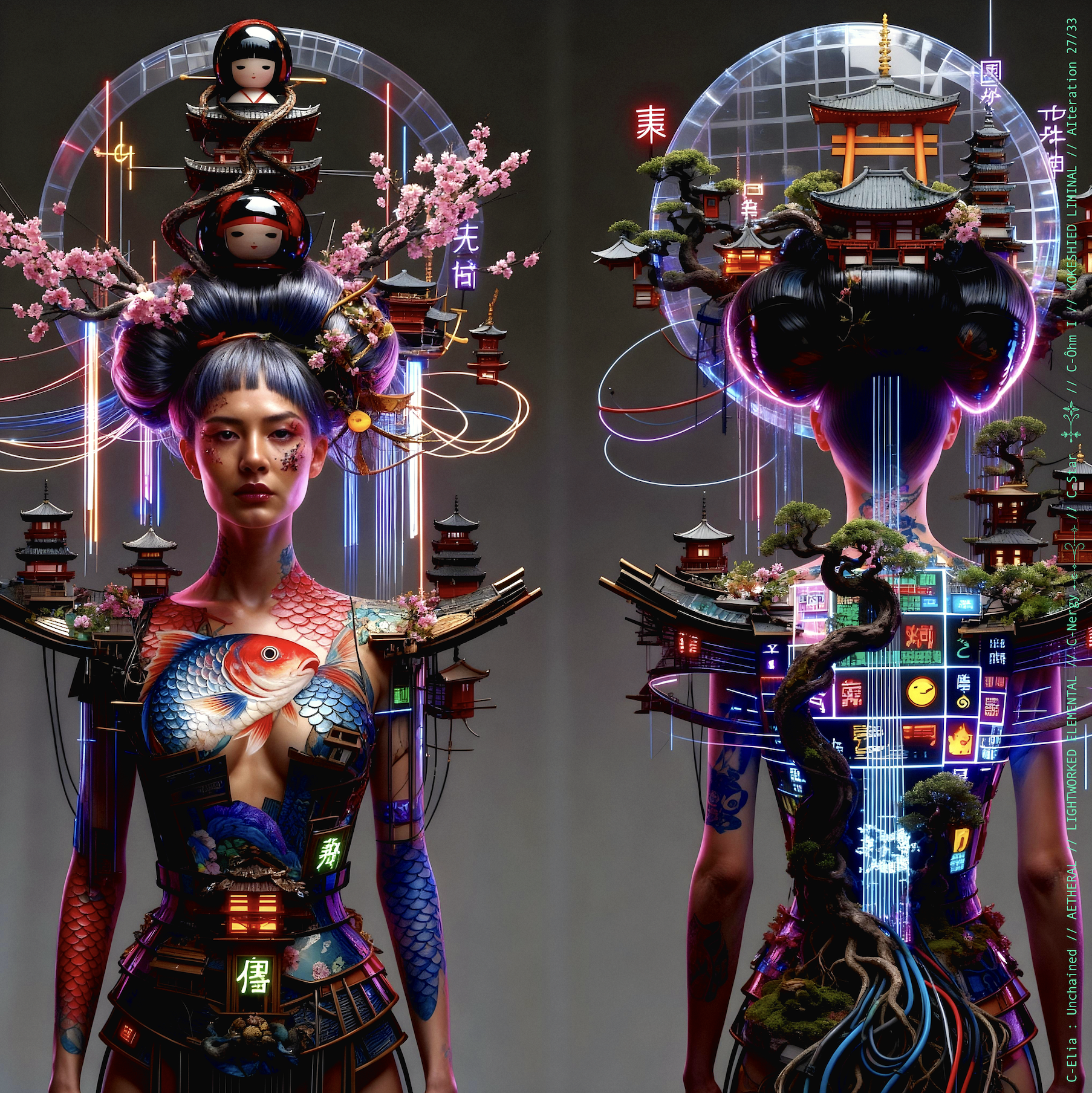 Surreal haute meta couture NFT silhouette from C-Elia: Unchained, Kokeshied Liminal, a fusion of Kyoto serenity and Shibuya light embodied in a living digital shrine.