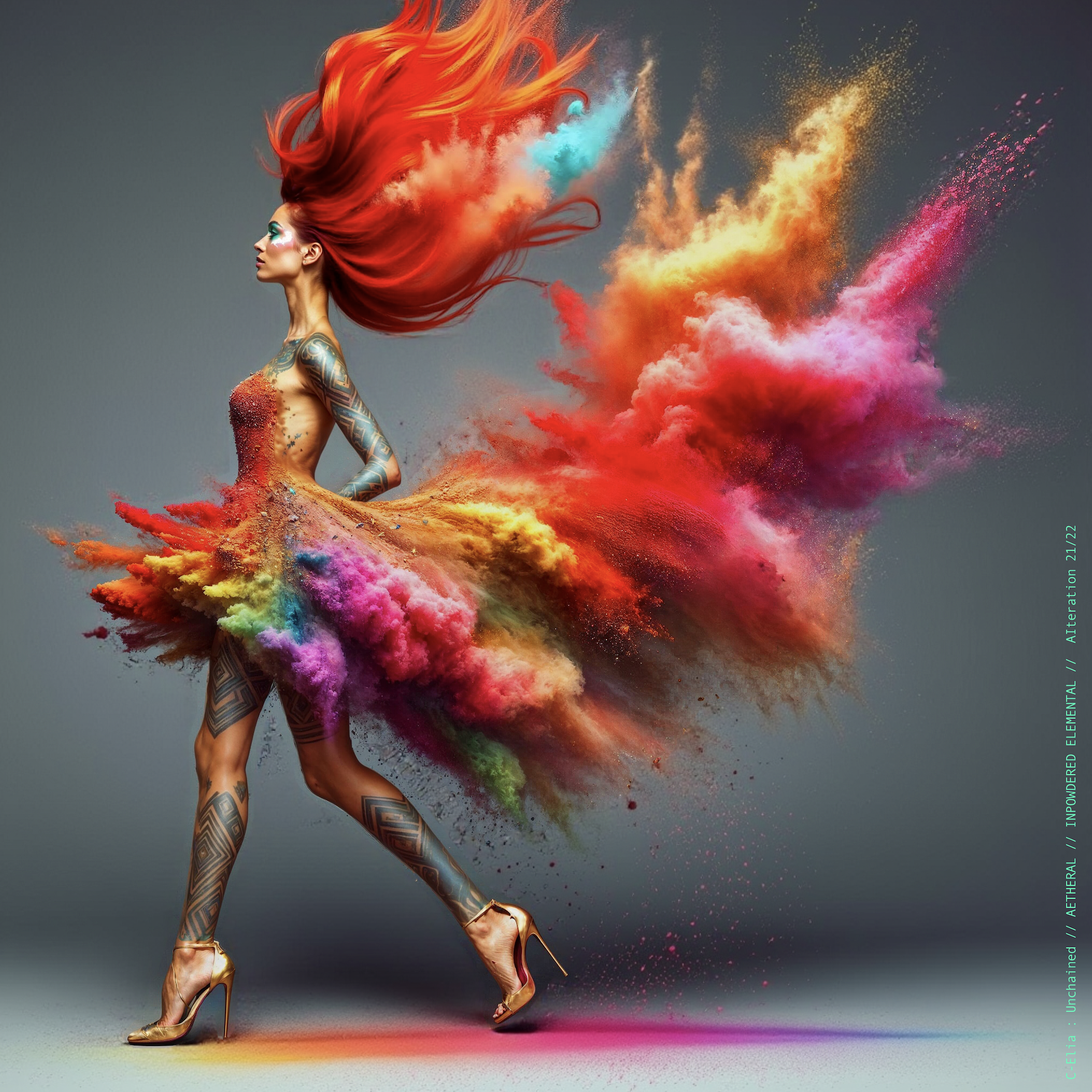 Surreal haute meta couture NFT silhouette from C Elia Unchained, Impowdered Elemental collection, formed from airborne rainbow powders, vaporous chromatic clouds and wind-sculpted avant garde couture.