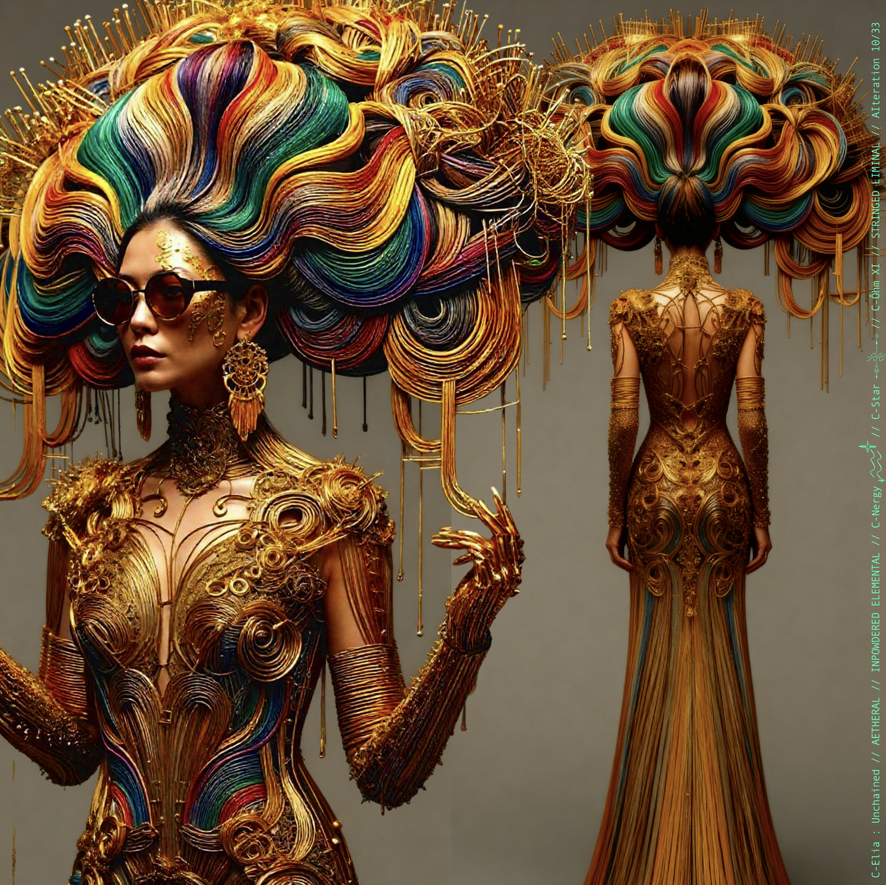 Surreal haute meta  couture NFT silhouette from C-Elia: Unchained, Stringed Liminal collection. A living sculpture made entirely of golden and colored strings, merging art, vibration and geometry into a resonant couture form.