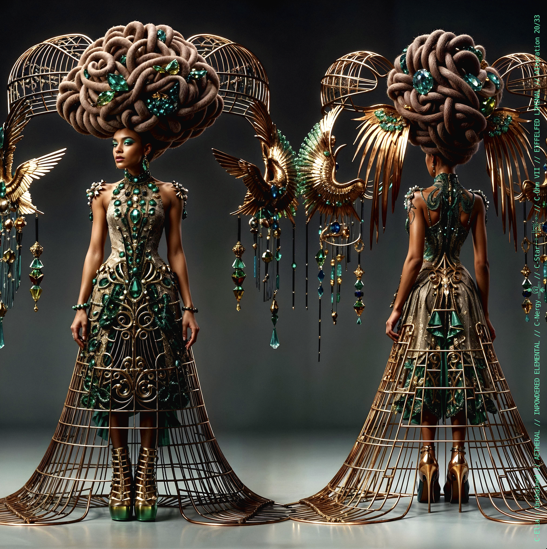 Surreal haute meta couture NFT silhouette from C Elia Unchained, Eiffelfed Liminal collection, merging openwork copper metal, emerald braids, metallic glyph makeup and Parisian architectural couture infused with the atmospheric pulse of Massive Attack and Mad Professor’s “Three.”