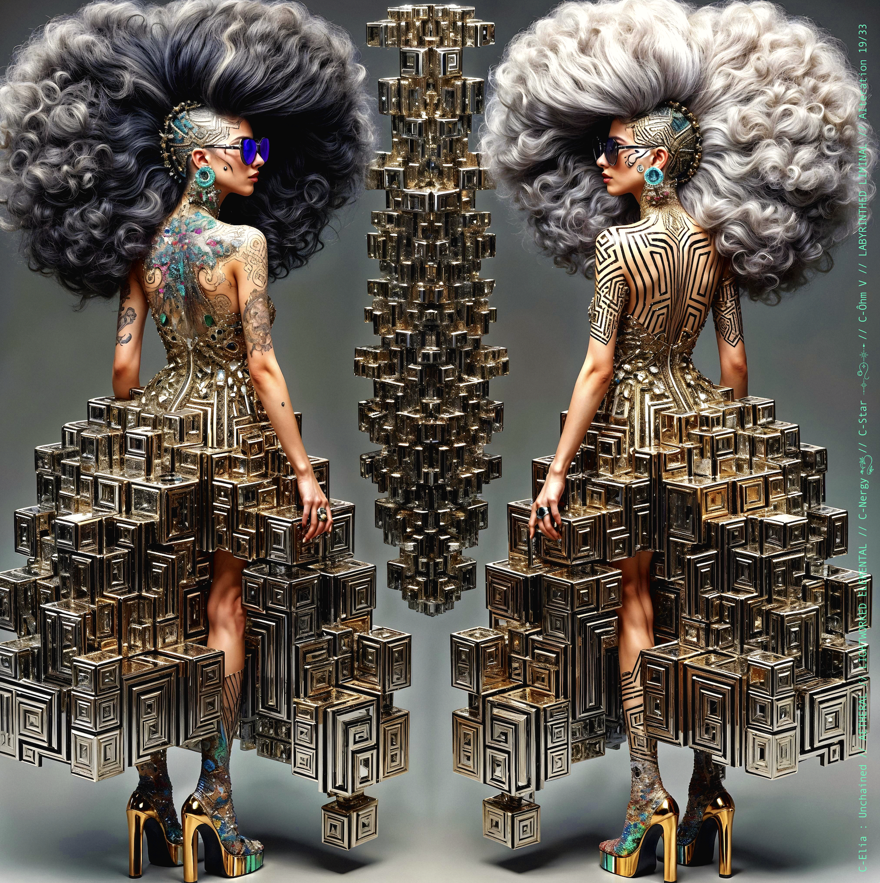 Surreal haute meta couture NFT silhouette from C Elia Unchained, Labyrinthed Liminal collection, inspired by mirrored labyrinth geometry and the chromatic echo of Blue Boy’s “Remember Me,” merging pixel tattoos, gold voxel structures and reflective couture architecture.