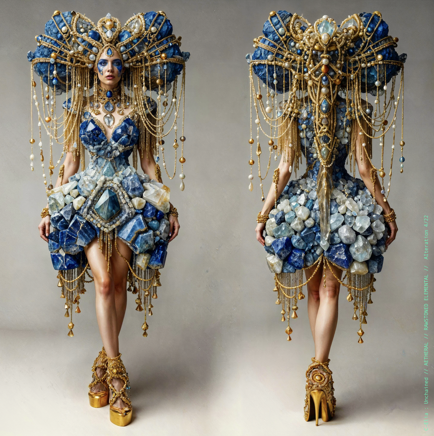 Surreal haute meta couture NFT silhouette from C Elia Unchained, Rawstoned Elemental collection, merging precious-stone hairstyles, raw mineral strata, lapis lazuli fractures and the tectonic elegance of avant garde couture.