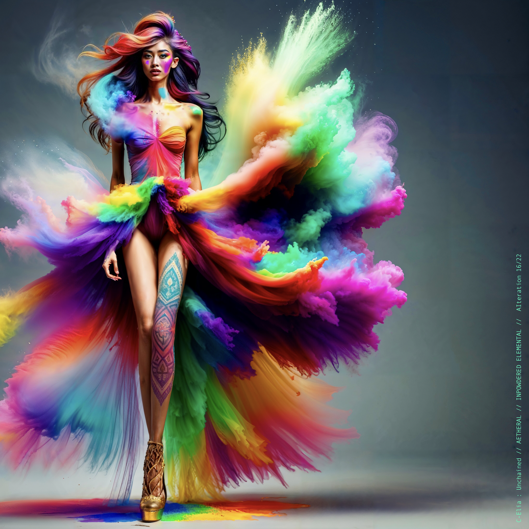 Surreal haute meta couture NFT silhouette from C Elia Unchained, Impowdered Elemental collection, formed from airborne rainbow powders, vaporous chromatic clouds and wind-sculpted avant garde couture.