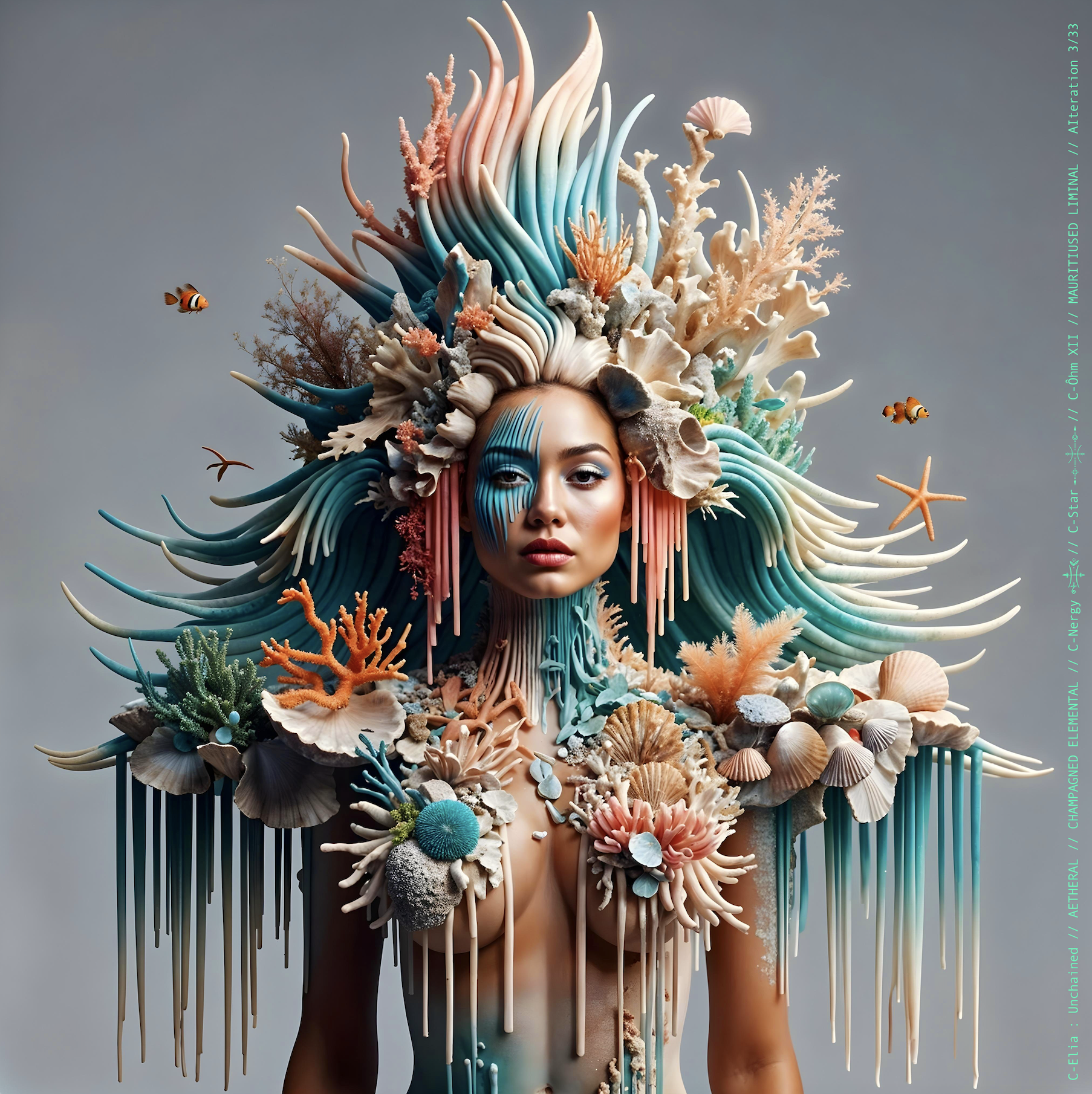 Surreal haute meta couture NFT silhouette from C-Elia: Unchained, Mauritiused Liminal collection, inspired by coral reefs and marine architecture, merging water, light and couture into a floating living sculpture