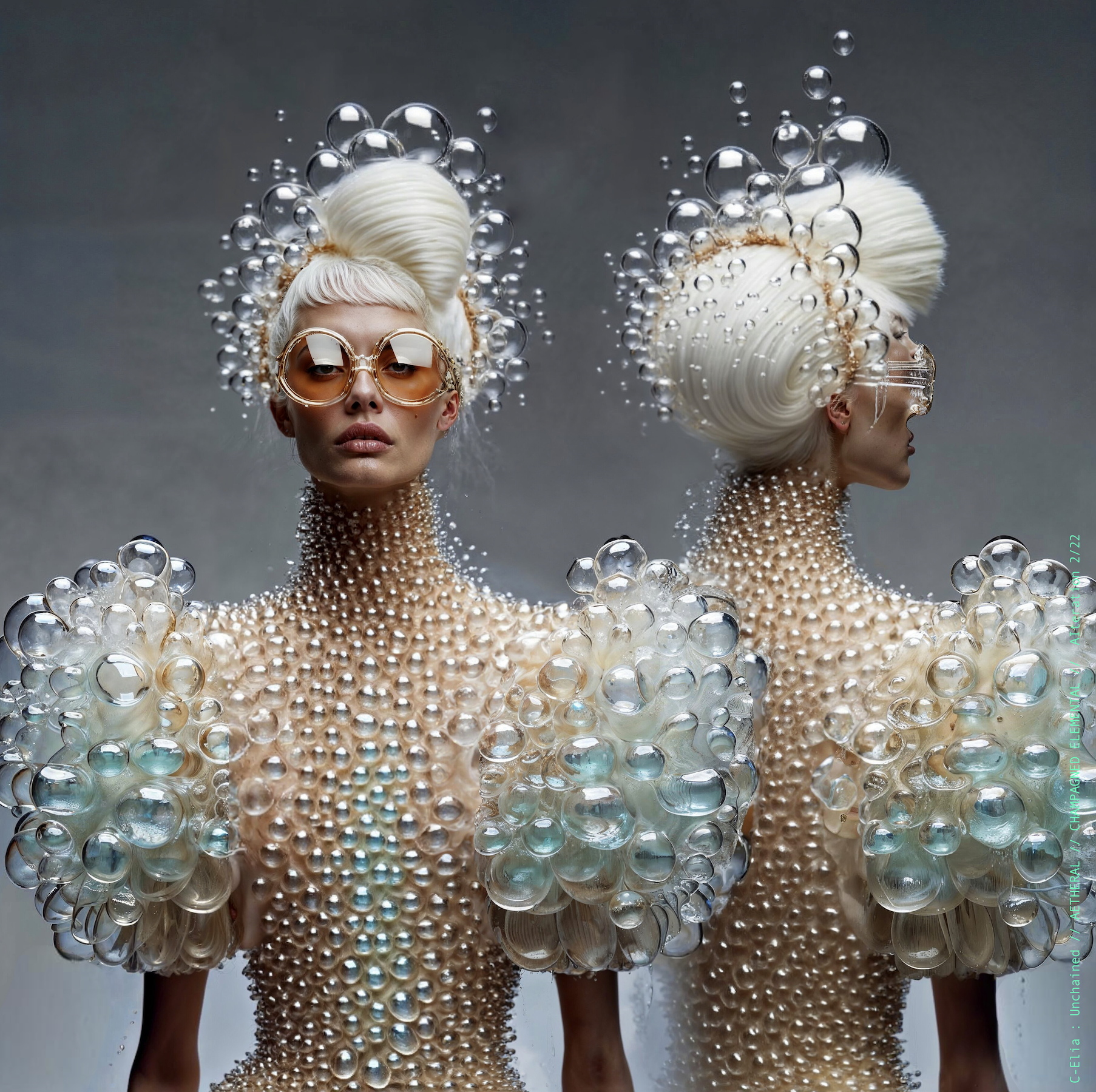 Surreal haute meta couture NFT silhouette from C Elia Unchained, Champagned Elemental collection, formed from transparent champagne bubbles, liquid cascades and retro futuristic white wave hair sculpted into effervescent couture.