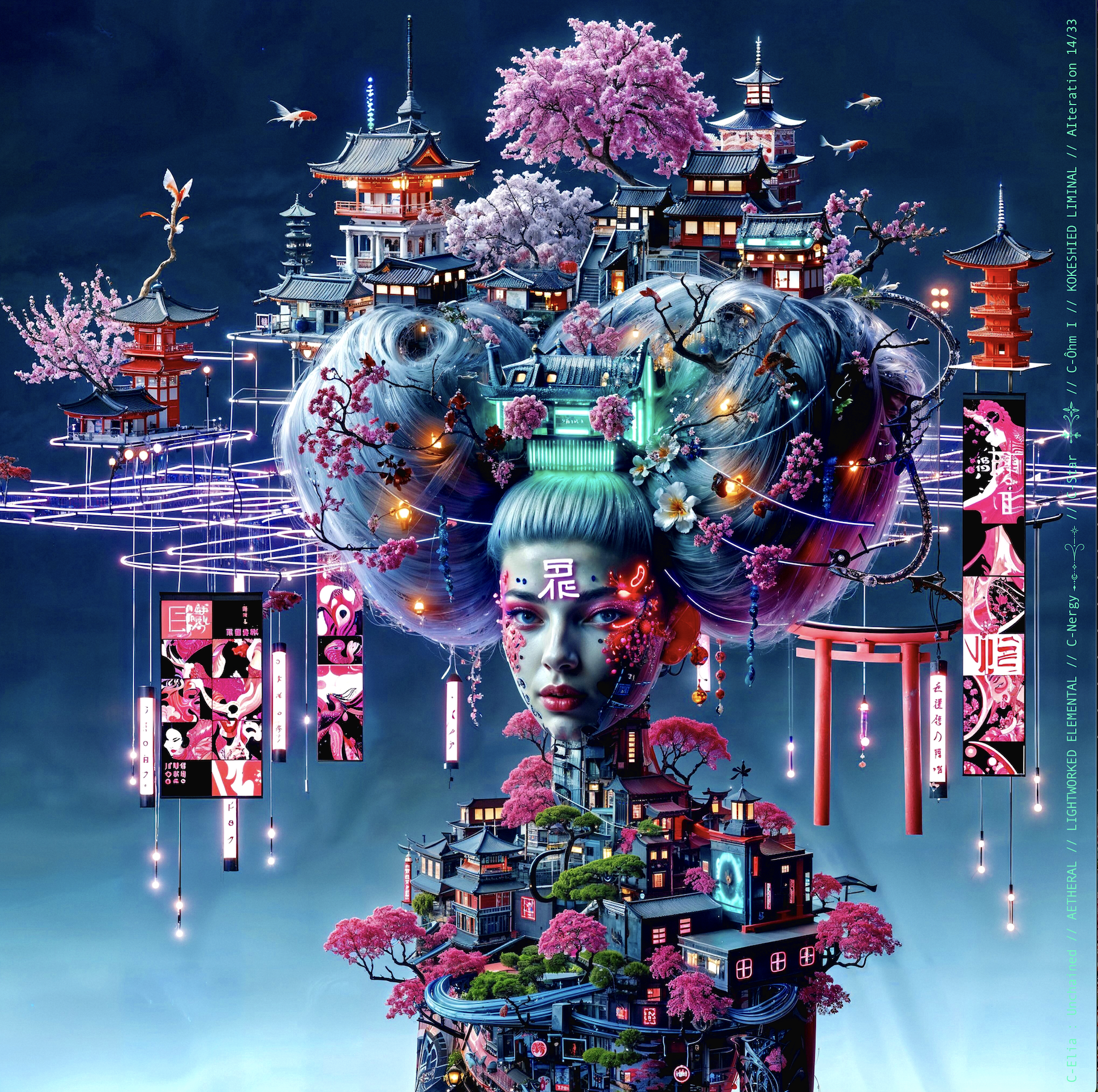 Surreal haute meta couture NFT silhouette from C-Elia: Unchained, Kokeshied Liminal, a fusion of Kyoto serenity and Shibuya light embodied in a living digital shrine.