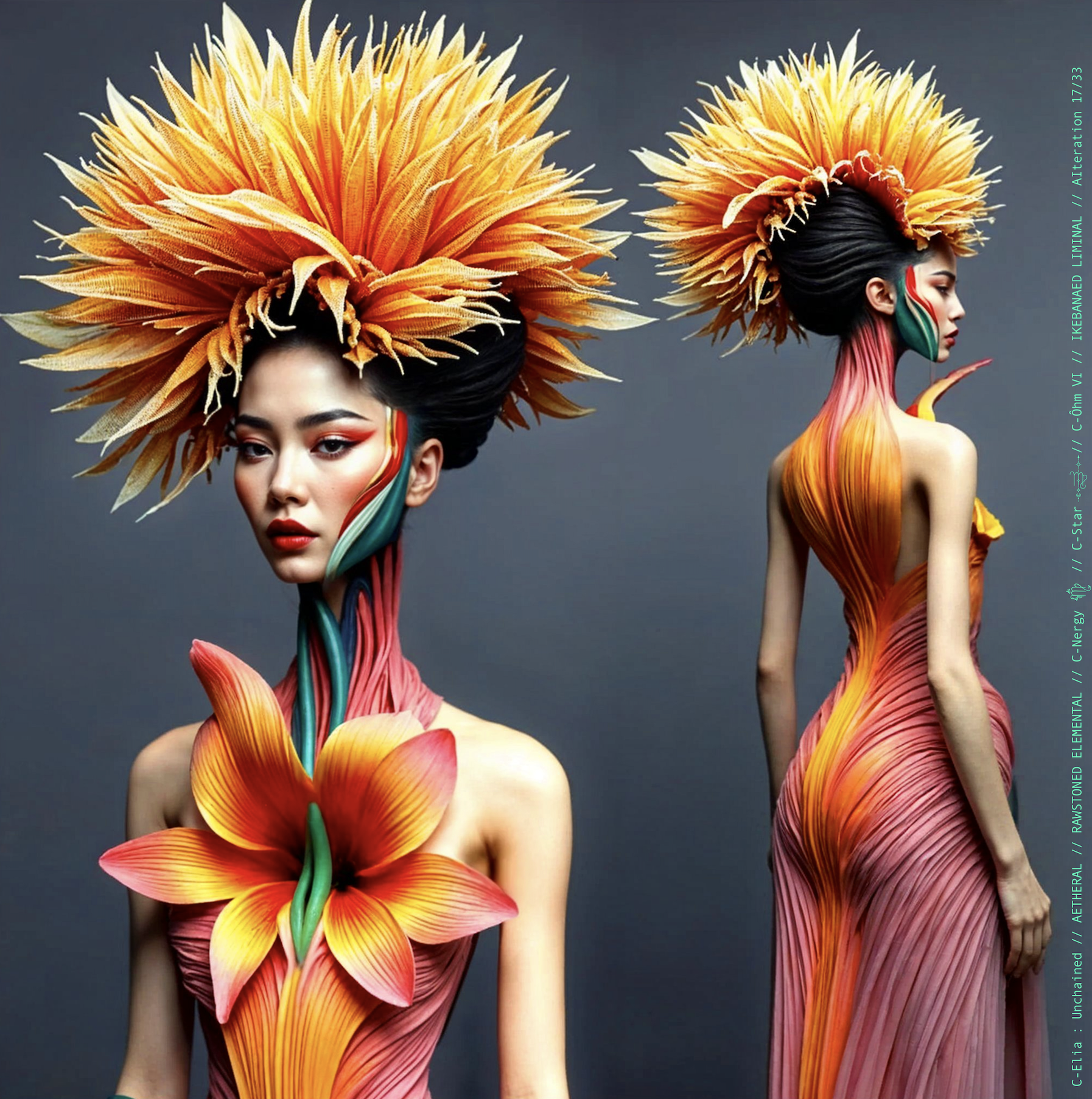 Surreal haute meta couture NFT silhouette from C-Elia: Unchained, Ikebanaed Liminal collection, inspired by floral architecture and Japanese composition, merging nature, geometry and serenity into a living couture sculpture.
