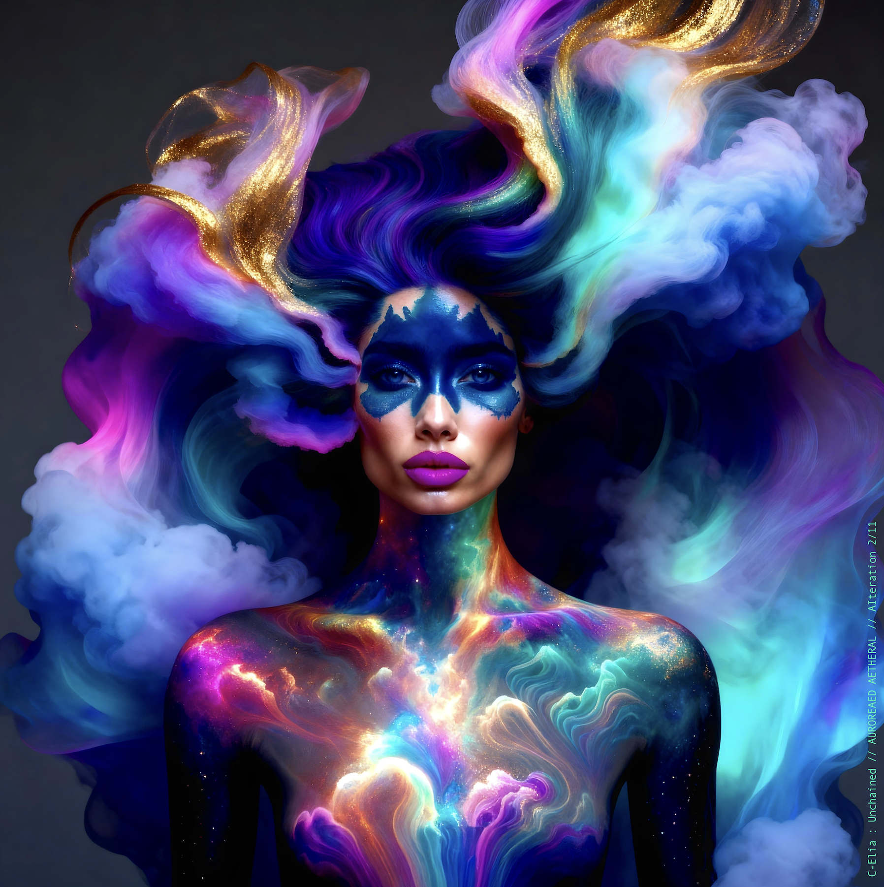 Surreal haute meta couture NFT silhouette from C Elia Unchained, Auroreaed Aetheral collection, formed from aurora borealis clouds, vaporous gradients, celestial mist and atmospheric couture inspired by M I A’s Matangi Mixtape by Kenzo.
