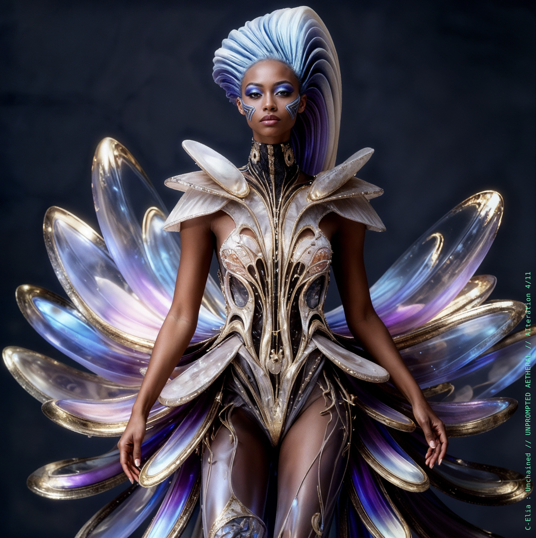 Surreal haute meta couture NFT silhouette from C Elia Unchained, Unprompted Aetheral collection, merging crystalline arcs, holographic ribbons, neon-lit futuristic structures and iridescent sacred geometry inspired by M I A’s Vicki Leekx mixtape.