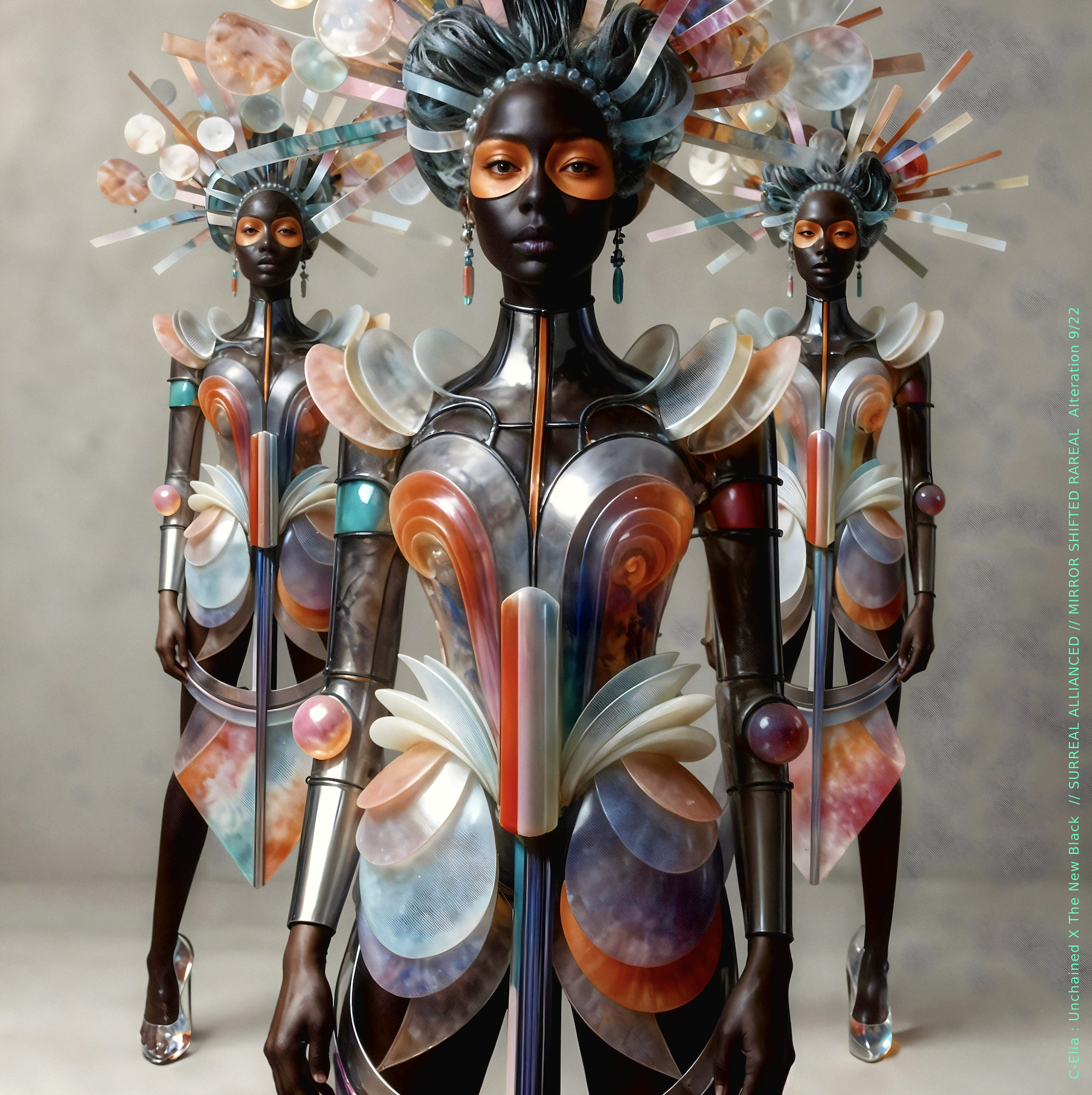 Surreal haute meta couture NFT silhouette from C-Elia: Unchained, Thenewblacked Allianced Liminal, created in collaboration with tThe New Black, merging resin, glass, acrylic and light into a living prism of translucent geometry.