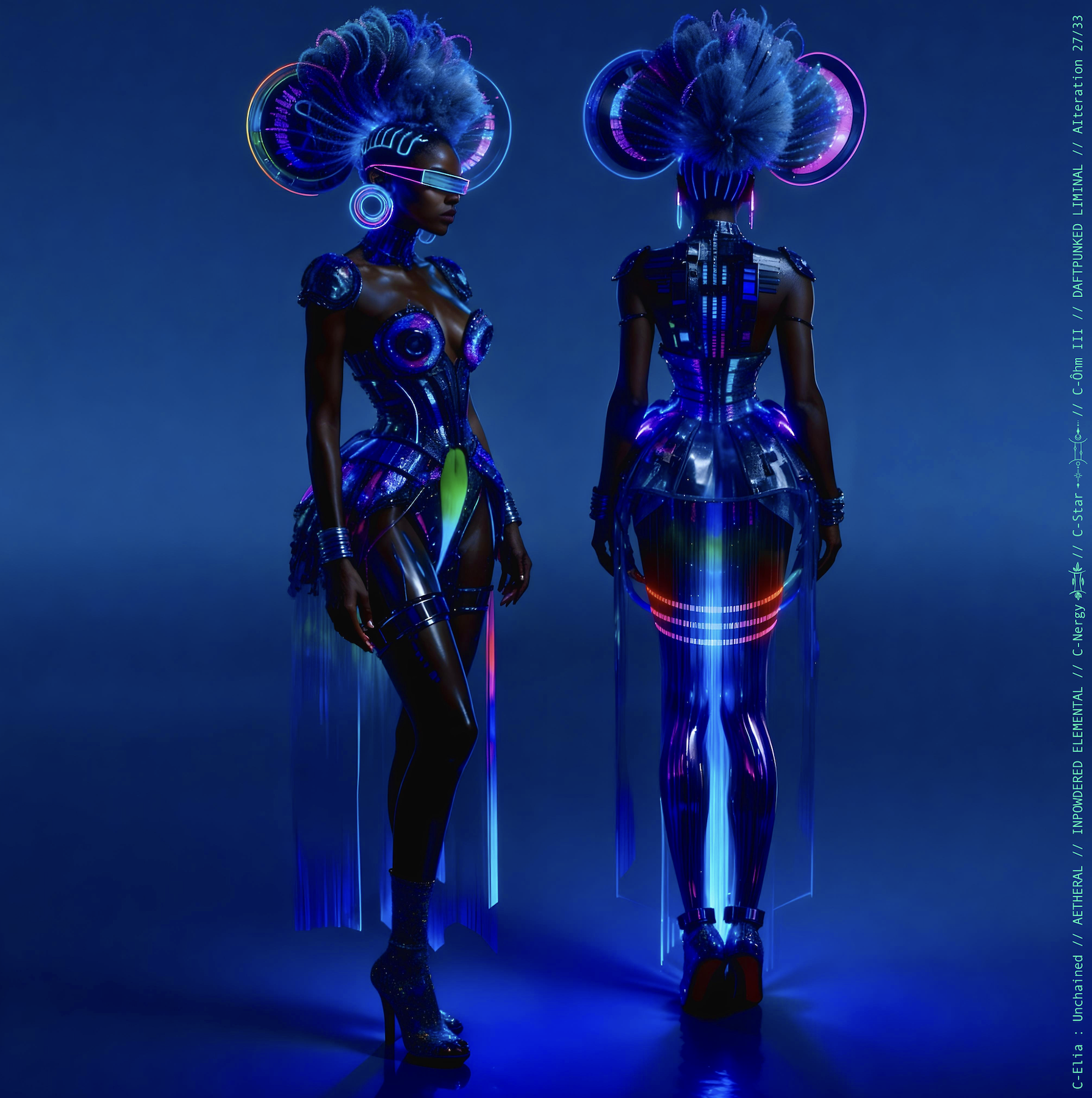 Surreal haute meta couture NFT silhouette from C Elia Unchained, Daftpunked Liminal collection, inspired by electronic neon aesthetics and the luminous frequencies of Daft Punk Alive 2008, merging holographic vinyl, glitch light and couture architecture.

