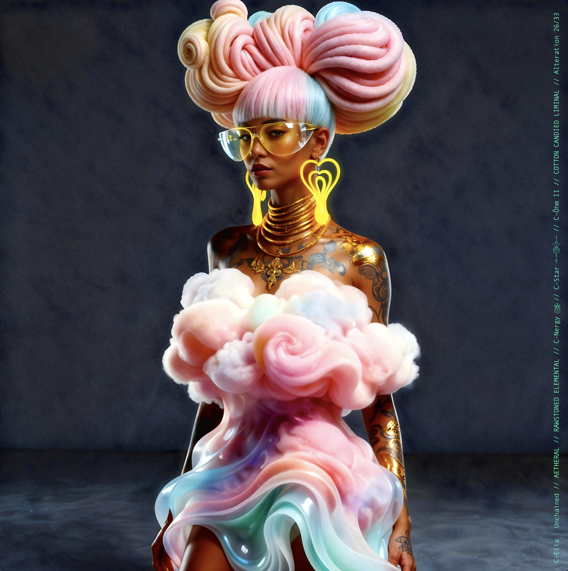 Surreal haute meta couture NFT silhouette from C Elia: Unchained, Cotton Candied Liminal collection, inspired by pastel cotton candy clouds and Khmer gold tattoos, merging sweetness, rebellion and couture into a living vaporous sculpture.