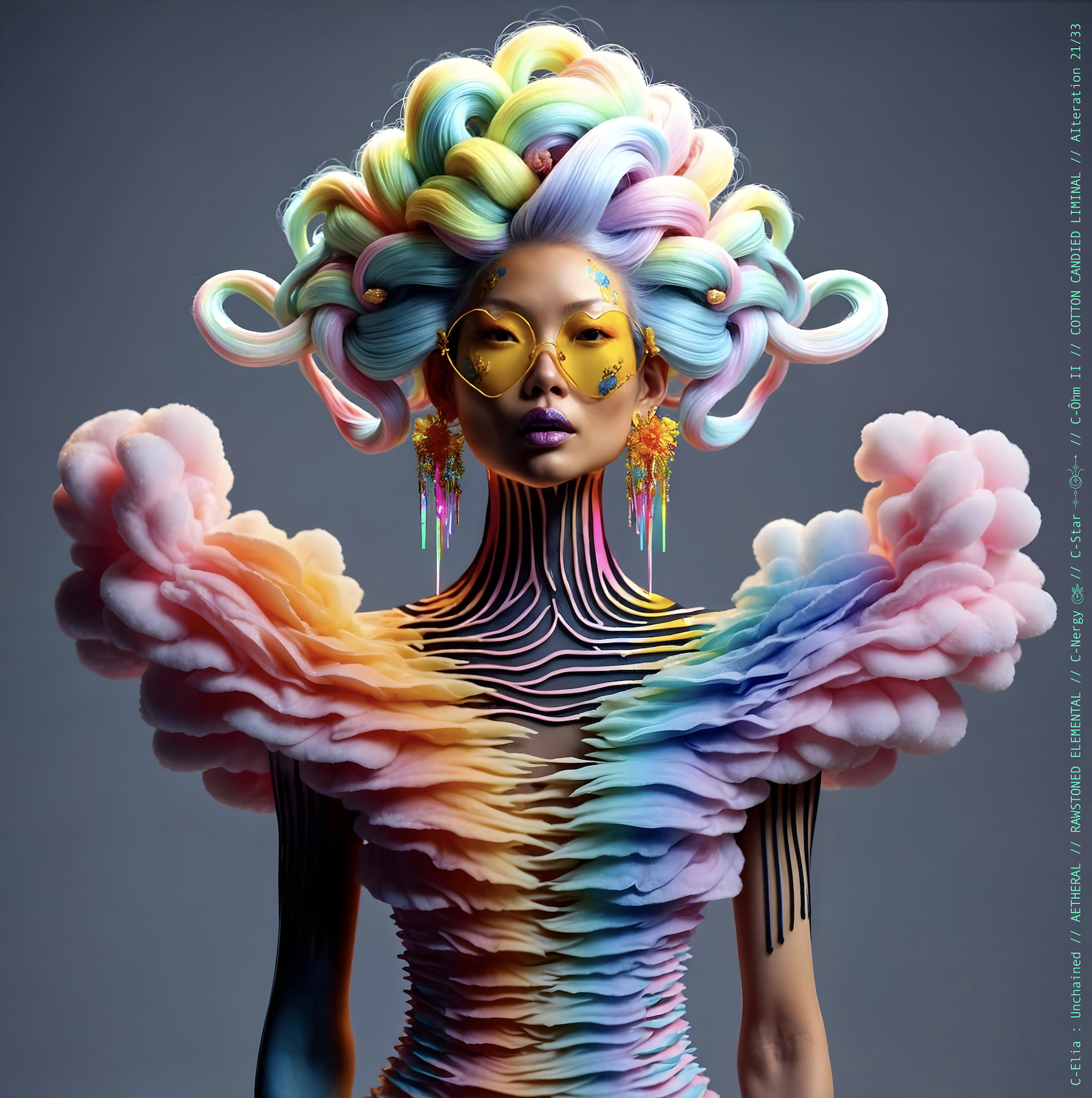 Surreal haute meta couture NFT silhouette from C Elia: Unchained, Cotton Candied Liminal collection, inspired by pastel cotton candy clouds and Khmer gold tattoos, merging sweetness, rebellion and couture into a living vaporous sculpture.