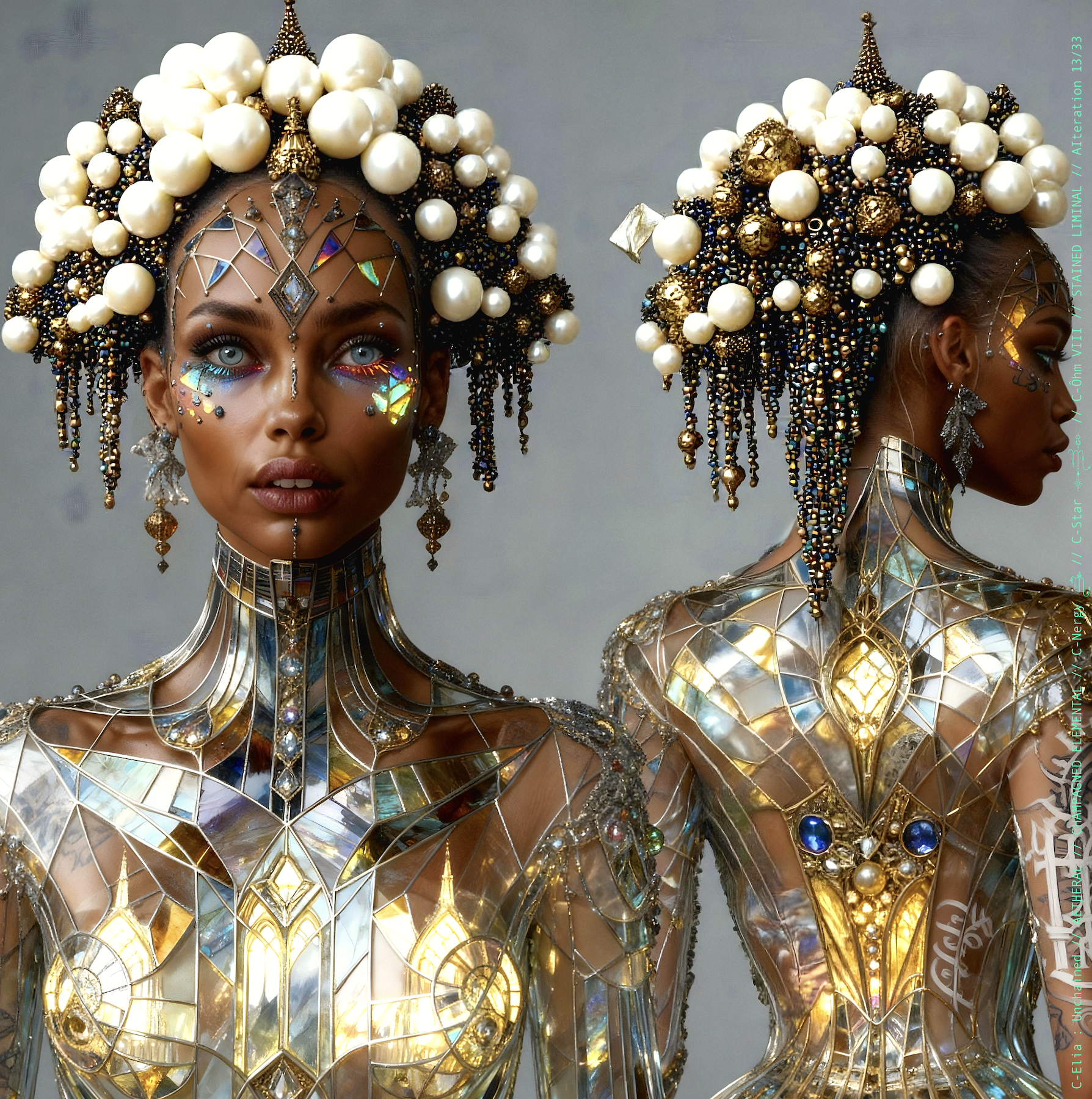 Surreal haute meta couture NFT silhouette from C-Elia: Unchained, Stained Liminal collection, inspired by cathedral stained glass and Mondrian geometry, merging sacred light, metallic reflections, and futuristic architecture into a living holographic couture sculpture.