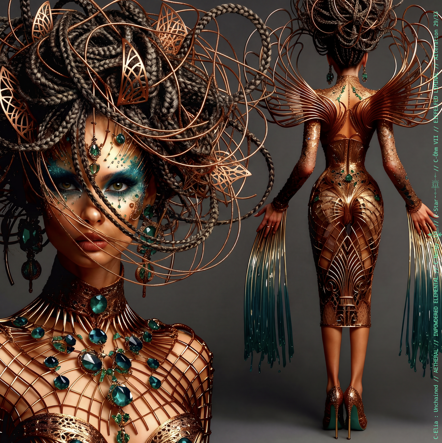 Surreal haute meta couture NFT silhouette from C Elia Unchained, Eiffelfed Liminal collection, merging openwork copper metal, emerald braids, metallic glyph makeup and Parisian architectural couture infused with the atmospheric pulse of Massive Attack and Mad Professor’s “Three.”