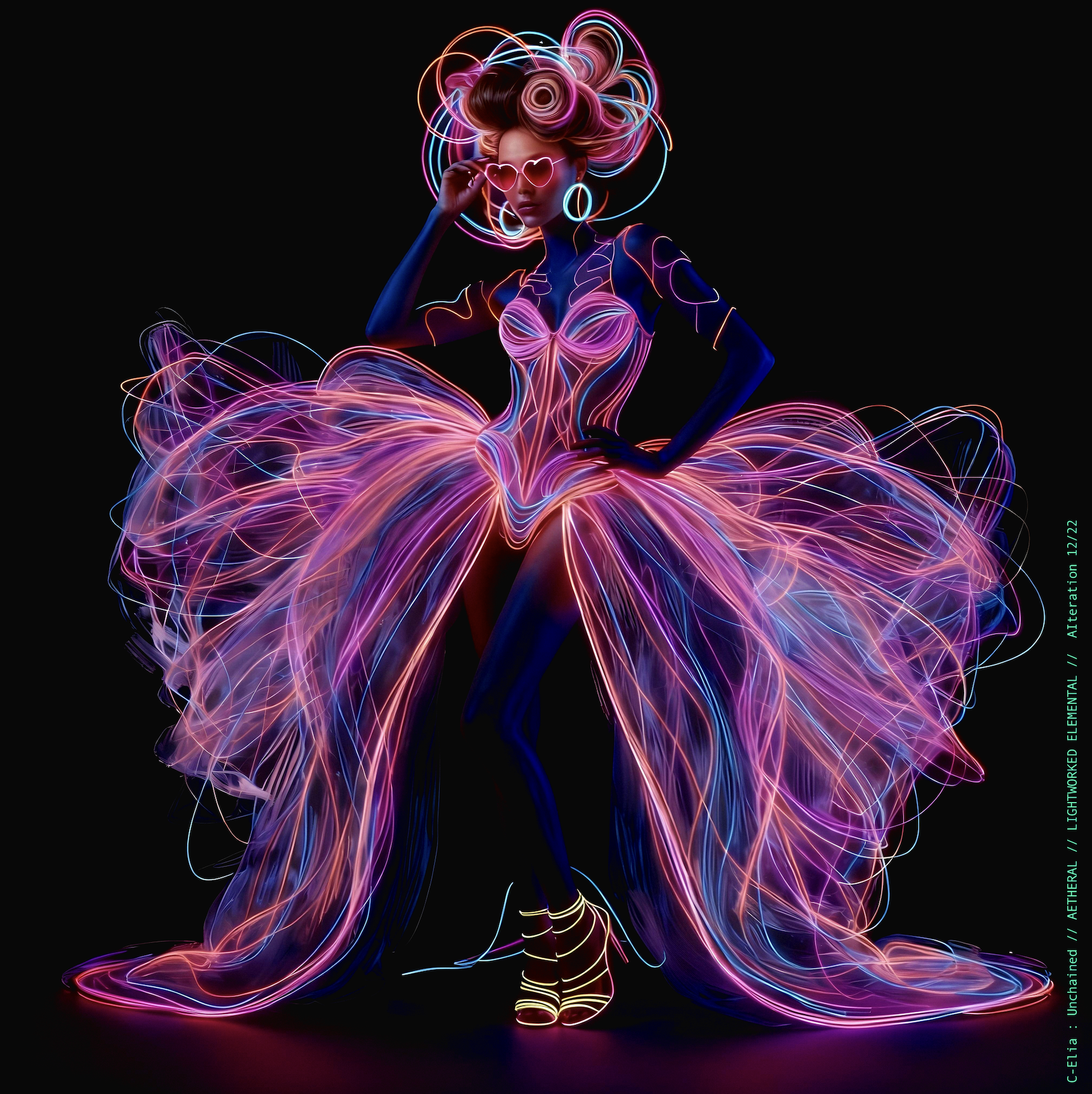 Surreal haute meta couture NFT silhouette from C-Elia: Unchained, Lightworked Elemental collection, a luminous architectural form sketched entirely in neon-painted lines and glowing contours, blending avant-garde light geometry with ethereal couture energy.