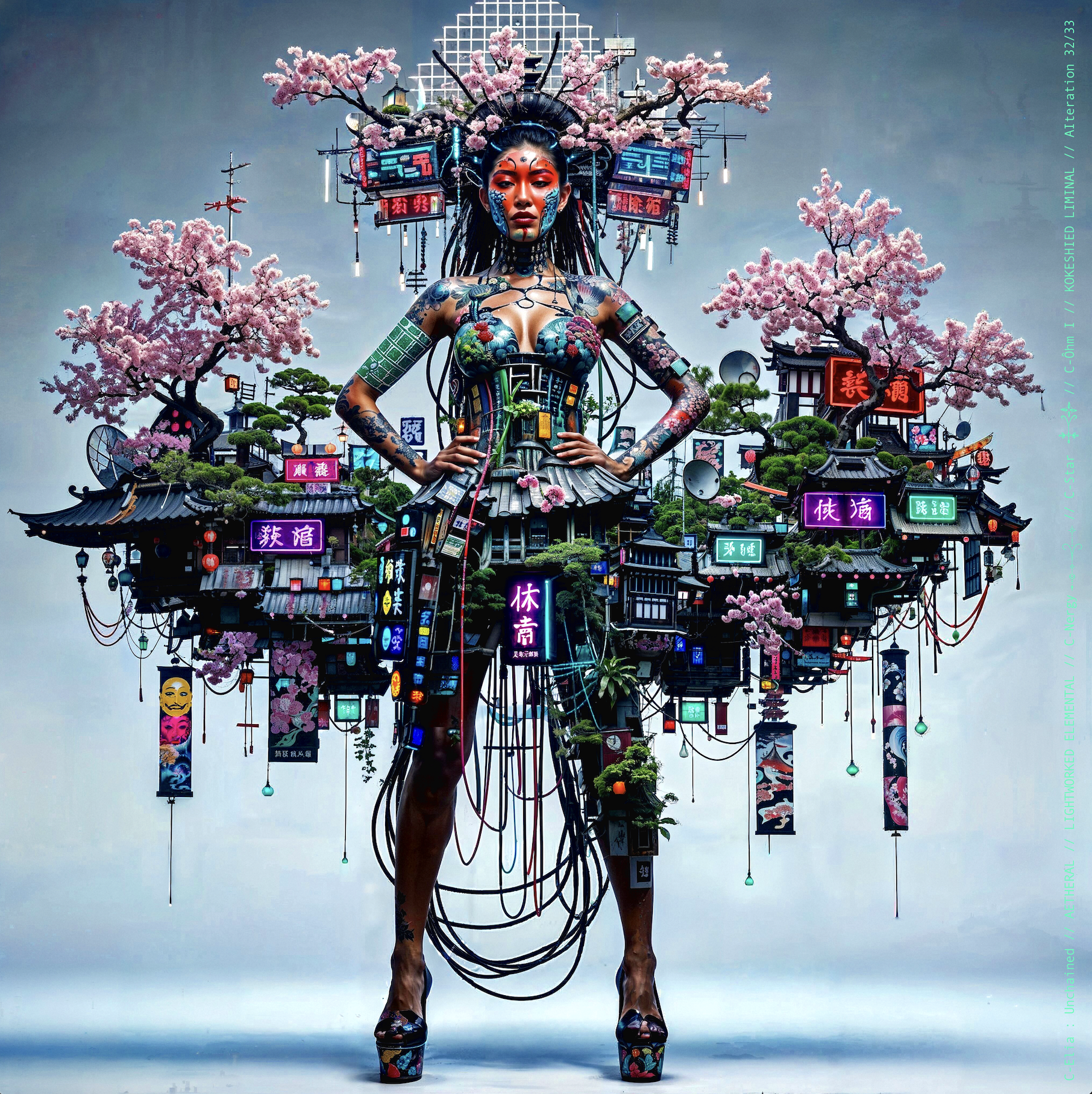 Surreal haute meta couture NFT silhouette from C-Elia: Unchained, Kokeshied Liminal, a fusion of Kyoto serenity and Shibuya light embodied in a living digital shrine.